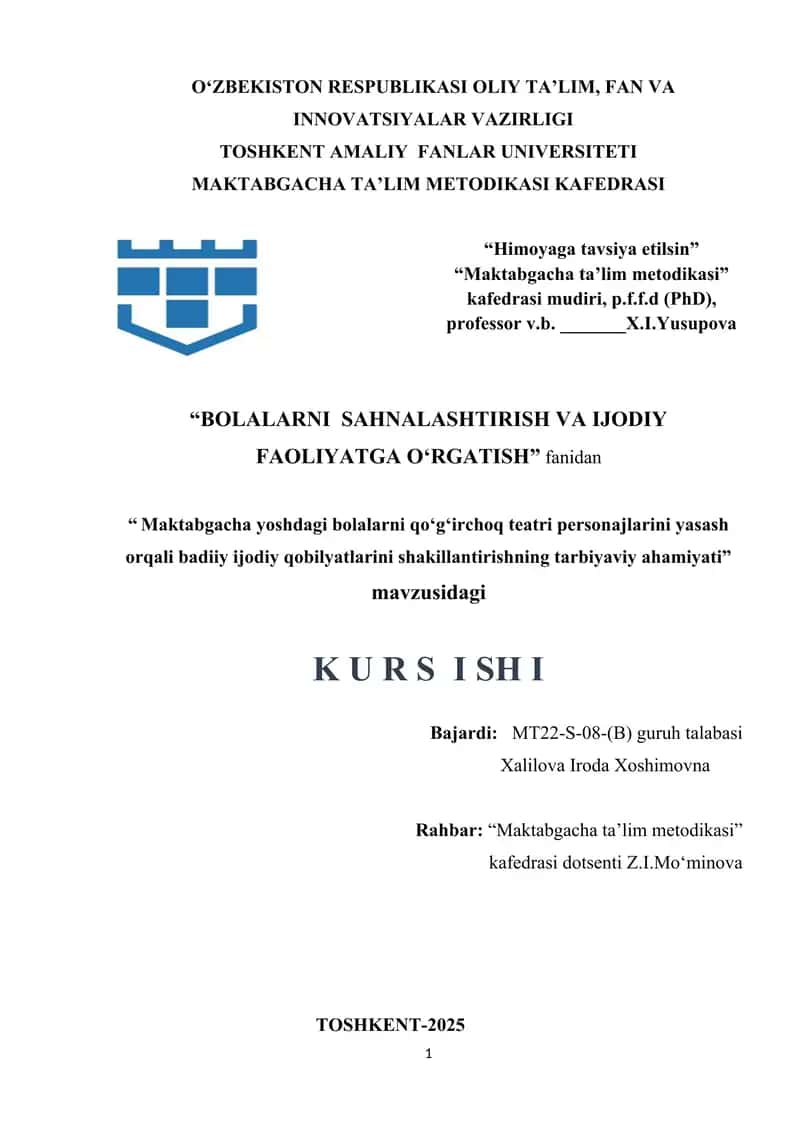 Maktabgacha yoshdagi bolalarni qoʻgʻirchoq teatri personajlarini yasash orqali badiiy ijodiy qobilyatlarini shakillantirishning tarbiyaviy ahamiyati.