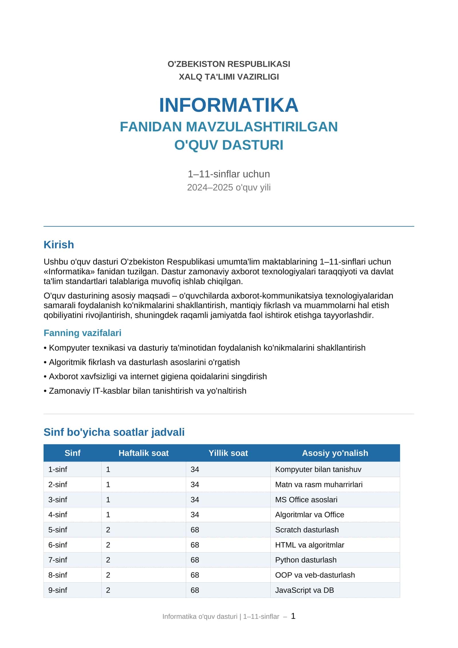 O'quv dasturi "Informatika" fanidan
