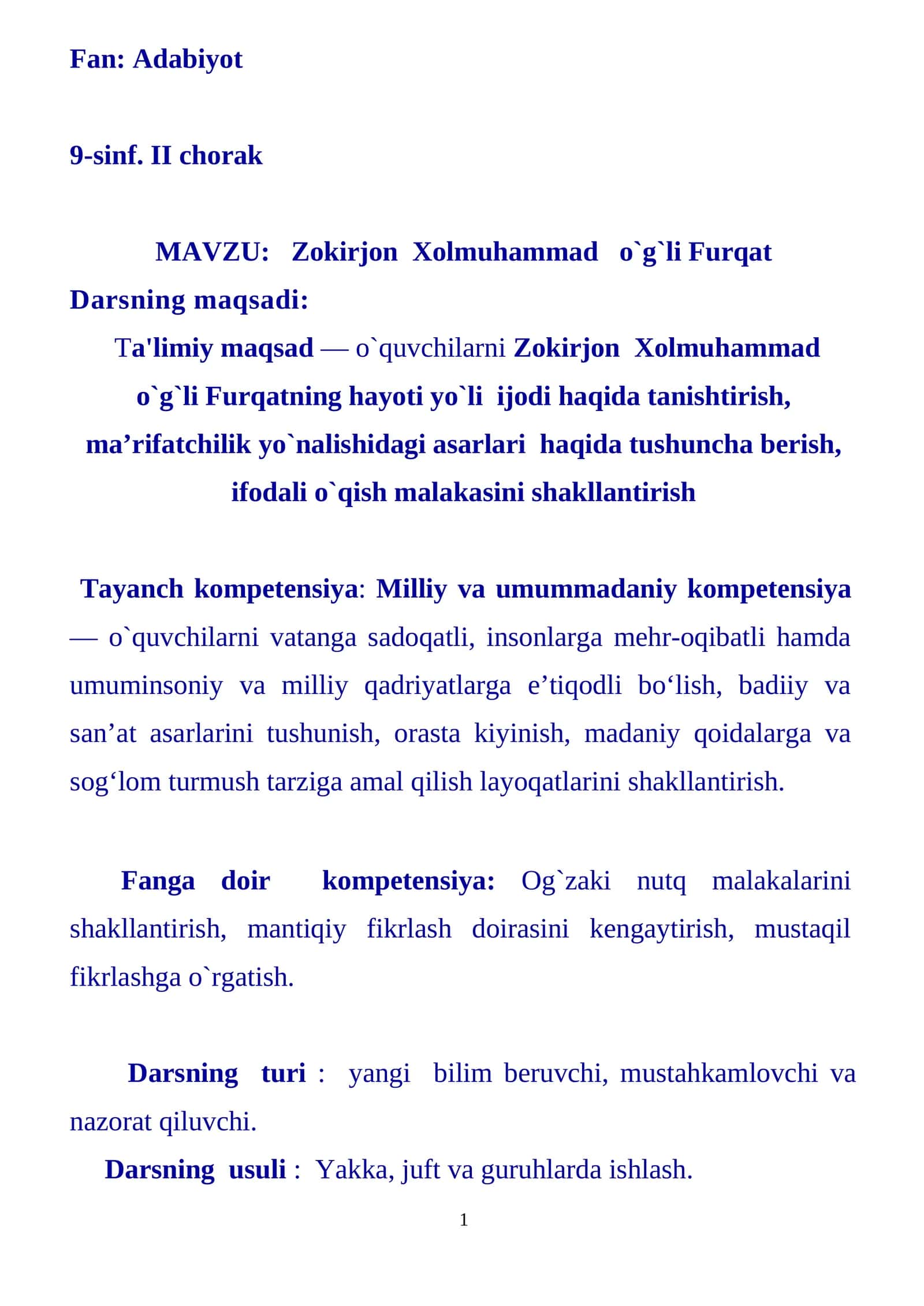 9-sinf Adabiyot Zokirjon Xolmuhammad o'g'li Furqat dars ishlanma