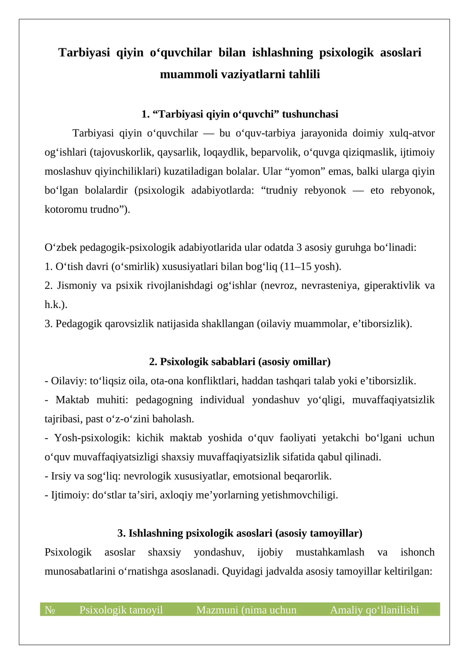 Tarbiyasi qiyin o‘quvchilar bilan ishlashning psixologik asoslari