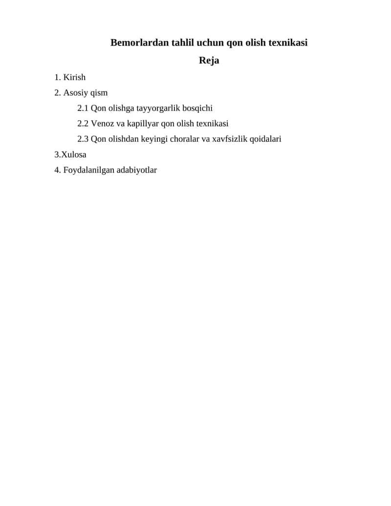 Bemorlardan tahlil uchun qon olish texnikasi