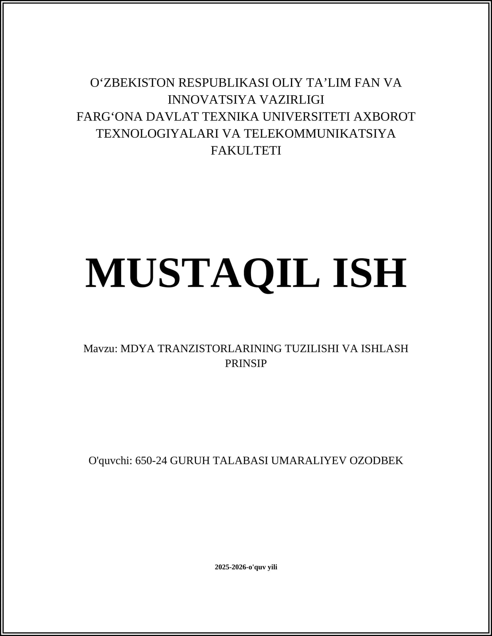 MDYA TRANZISTORLARINING TUZILISHI VA ISHLASH PRINSIP