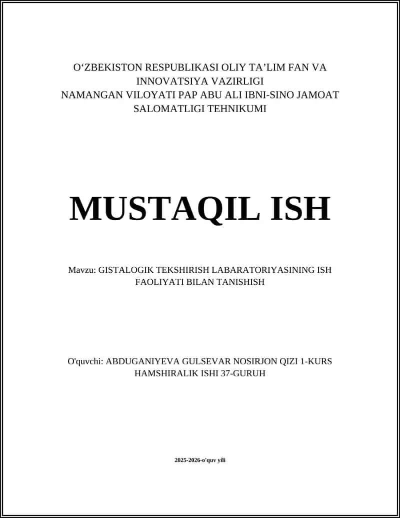 GISTALOGIK TEKSHIRISH LABORATORIYASI