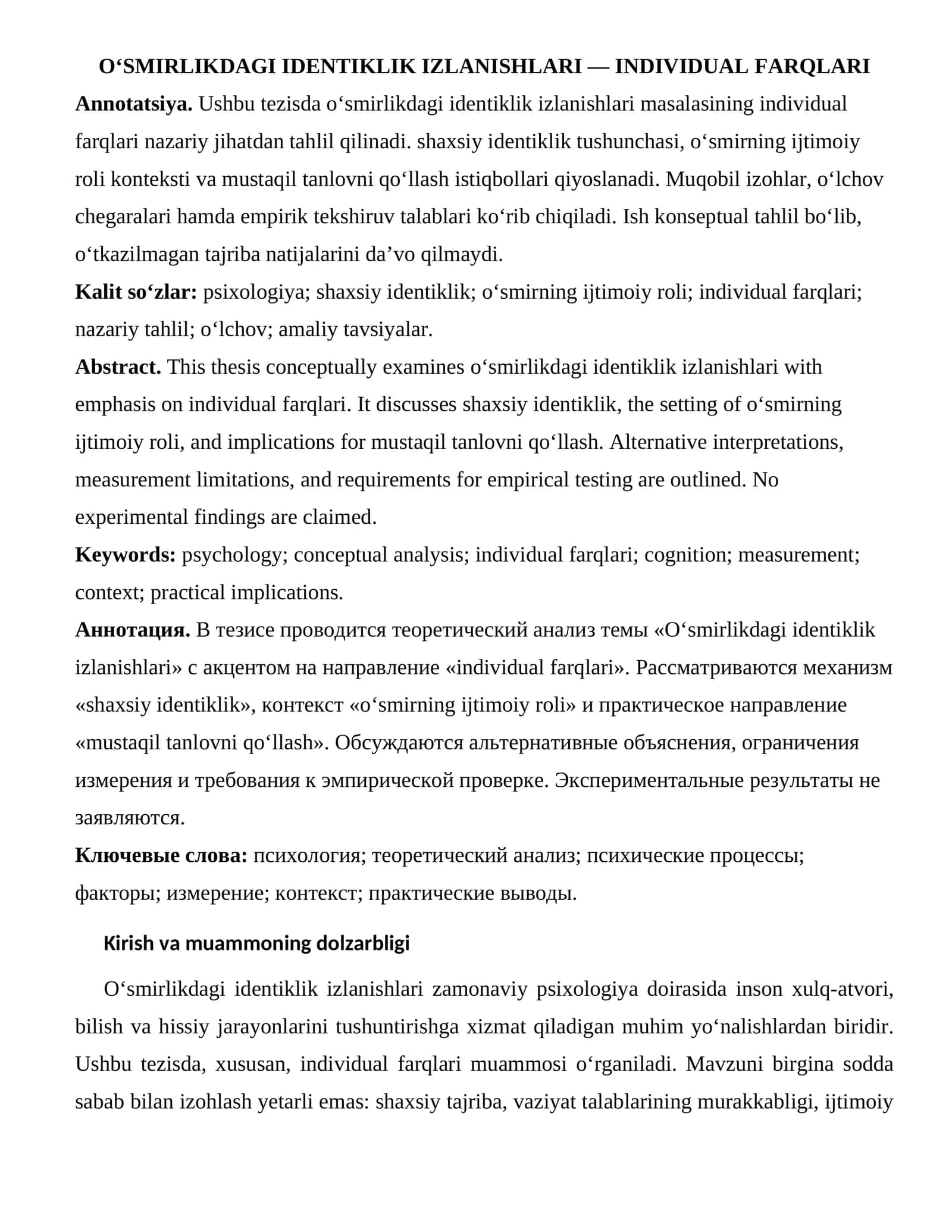 O‘SMIRLIKDAGI IDENTIKLIK IZLANISHLARI — INDIVIDUAL FARQLARI