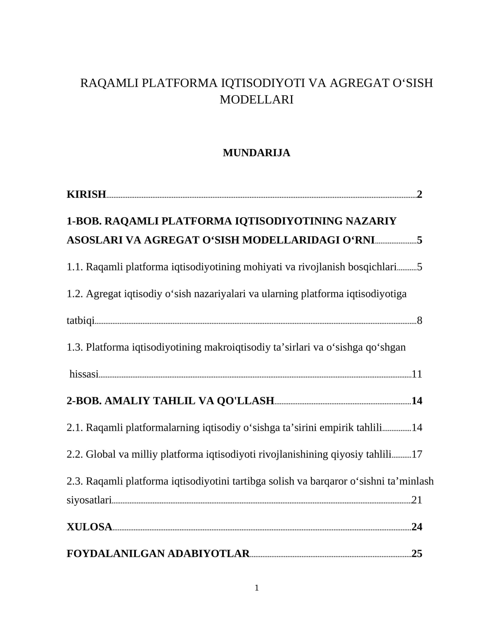 RAQAMLI PLATFORMA IQTISODIYOTI VA AGREGAT O‘SISH MODELLARI