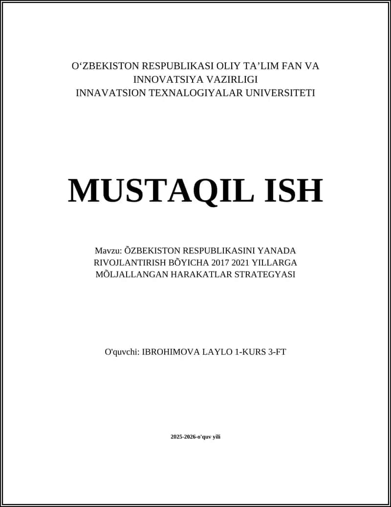 O‘zbekiston Respublikasini yanada rivojlantirish bo‘yicha 2017-2021 YILLARGA MÕLJALLANGAN HARAKATLAR STRATEGYASI