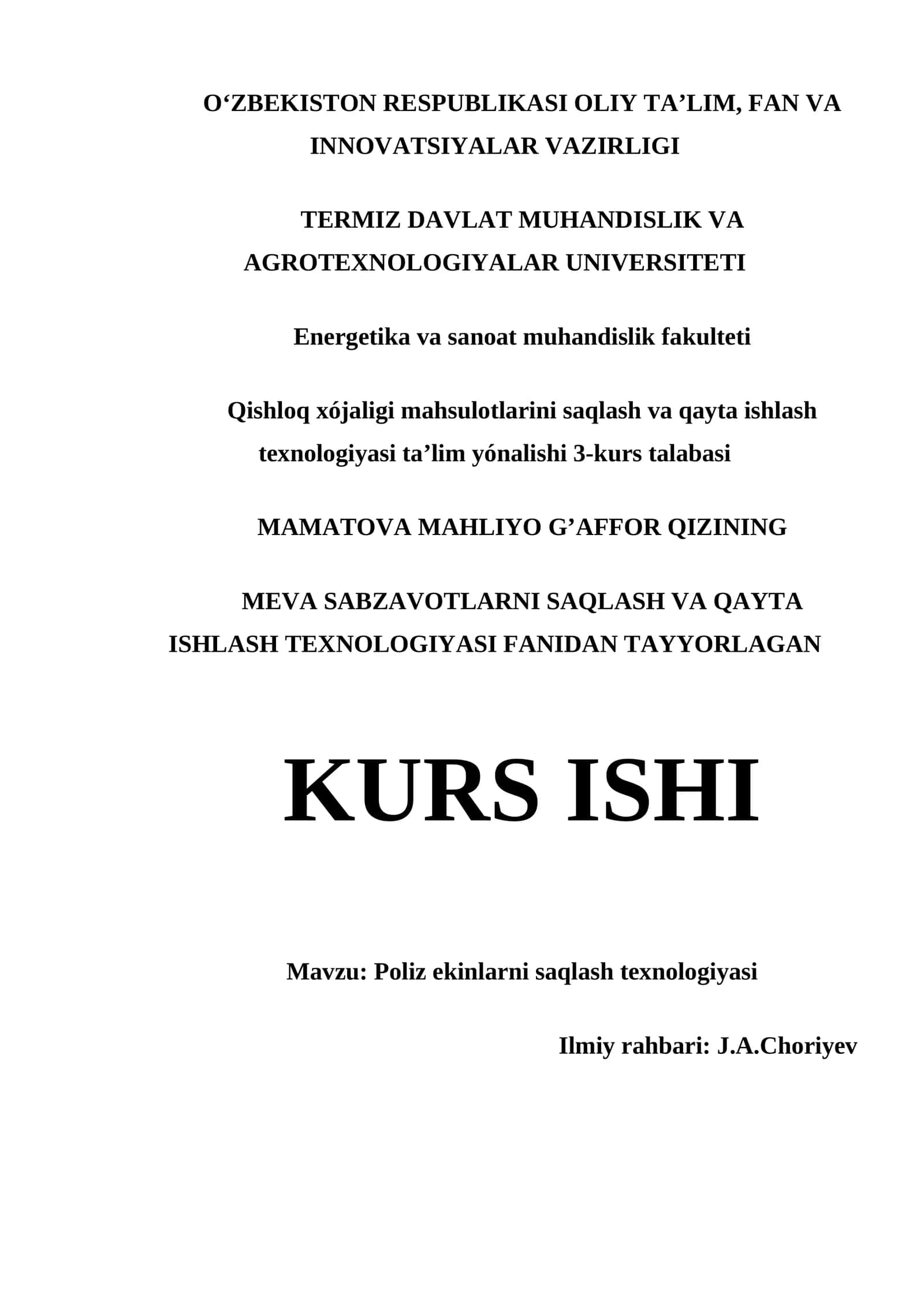 POLIZ EKINLARNI SAQLASH TEXNOLOGIYASI