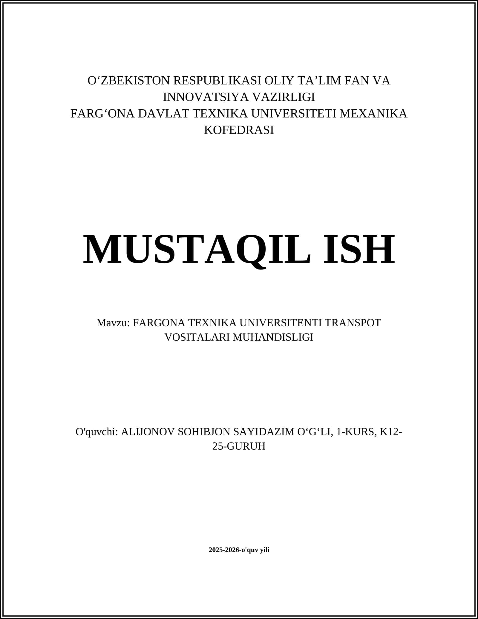 FARGONA TEXNIKA UNIVERSITENTI TRANSPOT VOSITALARI MUHANDISLIGI