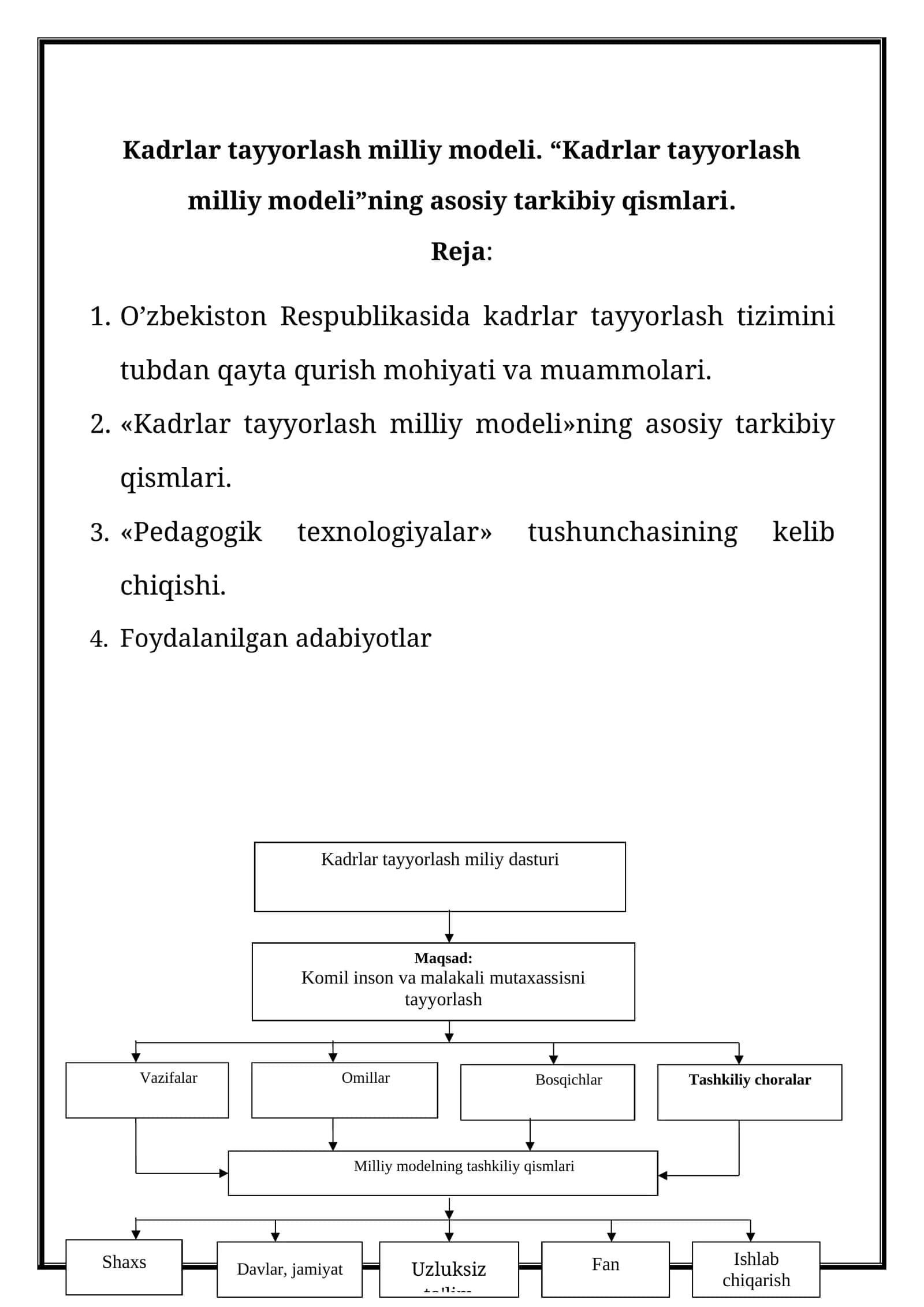 Kadrlar tayyorlash milliy modeli. “Kadrlar tayyorlash milliy modeli”ning asosiy tarkibiy qismlari.