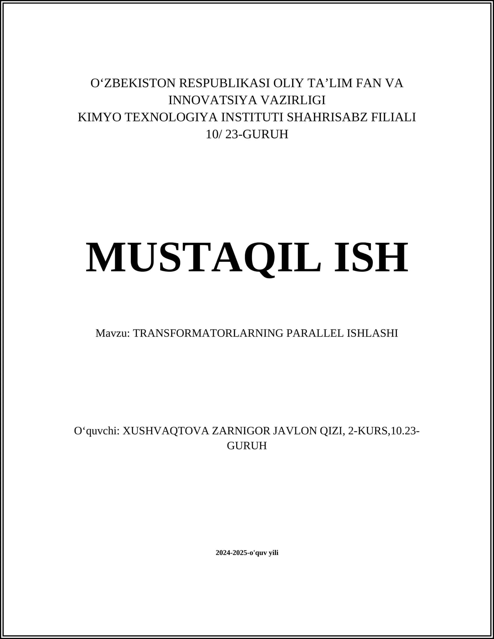TRANSFORMATORLARNING PARALLEL ISHLASHI