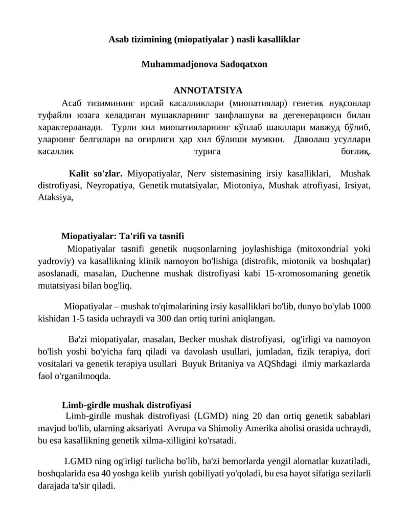 Asab tizimining (miopatiyalar ) nasli kasalliklar