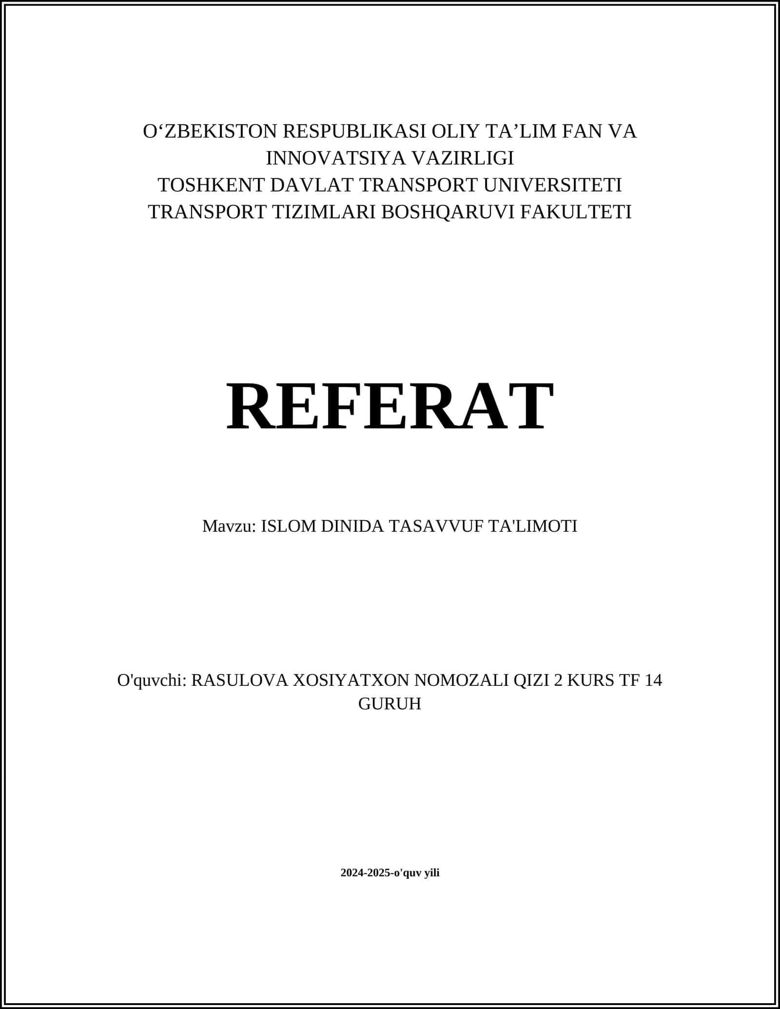 ISLOM DINIDA TASAVVUF TA'LIMOTI