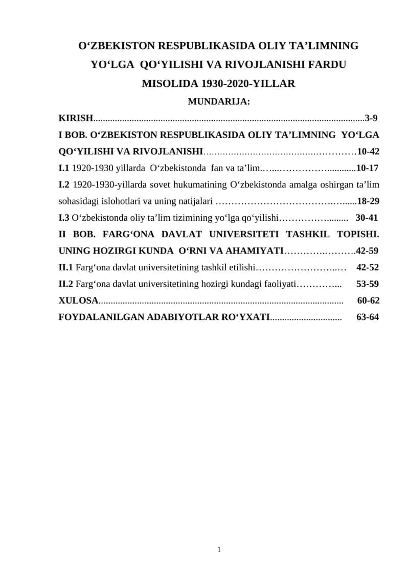 FARG‘ONA DAVLAT UNIVERSITETI TASHKIL TOPISHI. UNING HOZIRGI KUNDA O‘RNI VA AHAMIYATI