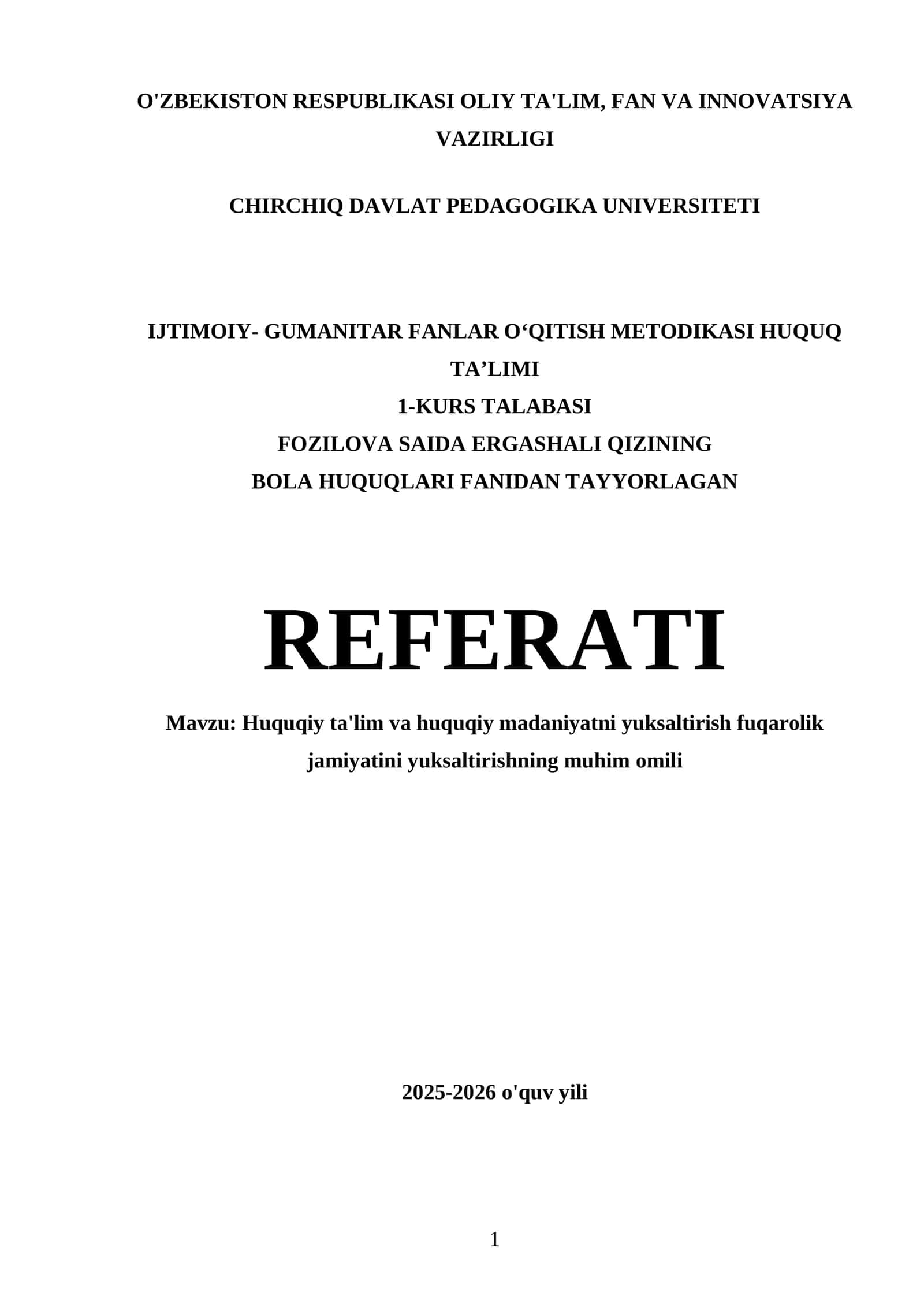 BOLA HUQUQLARI FANIDAN TAYYORLAGAN REFERATI
