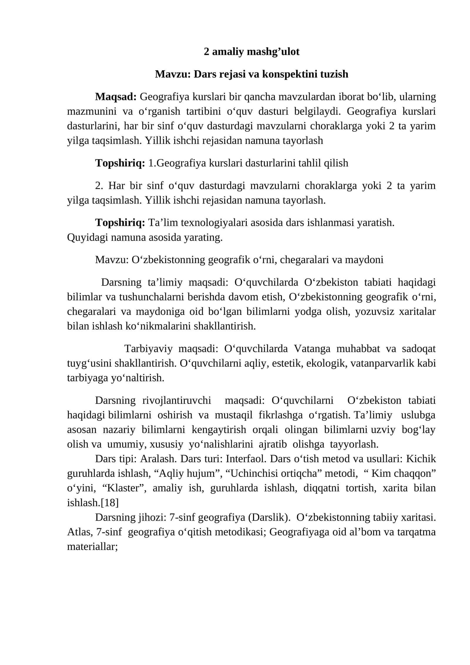 Dars rejasi va konspektini tuzish