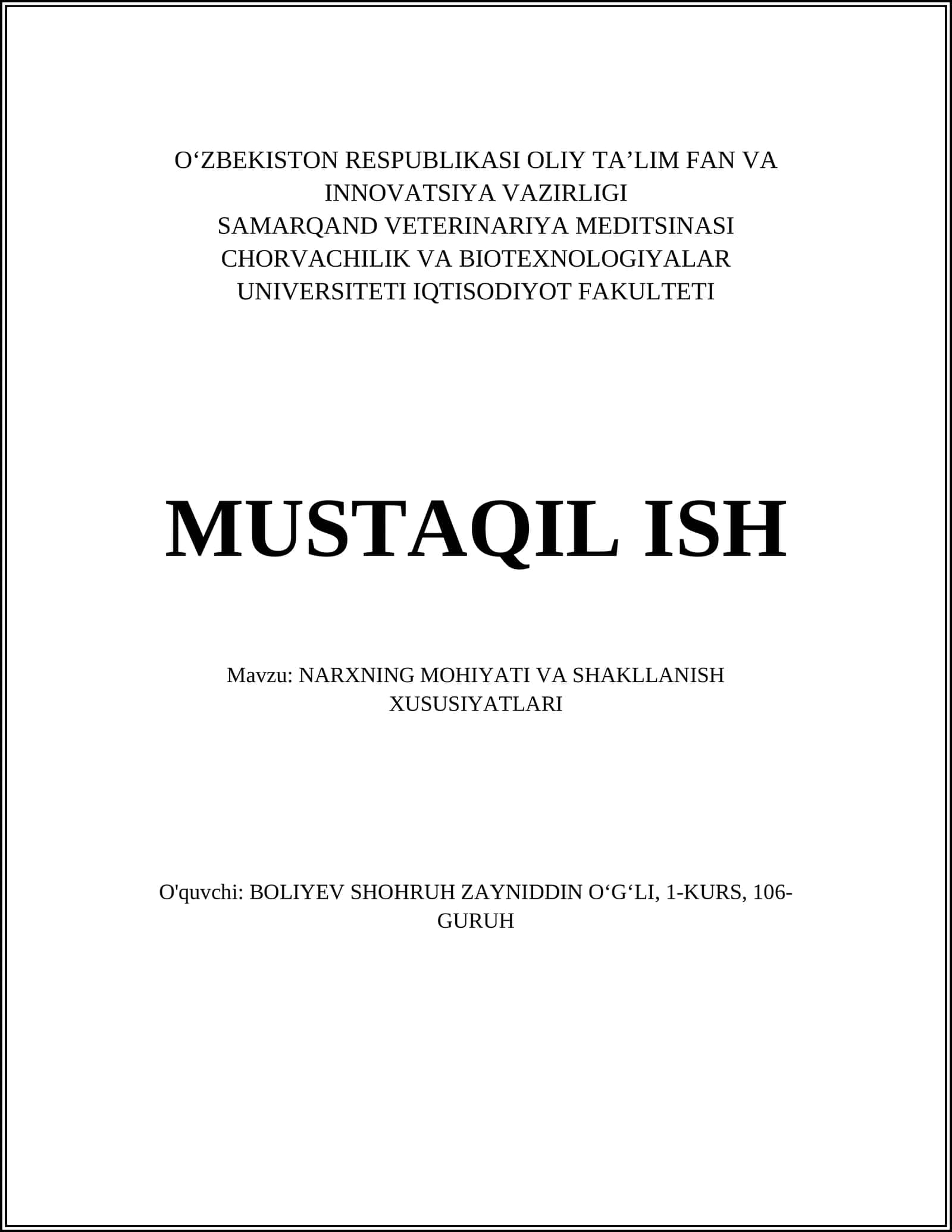 NARXNING MOHIYATI VA SHAKLLANISH XUSUSIYATLARI