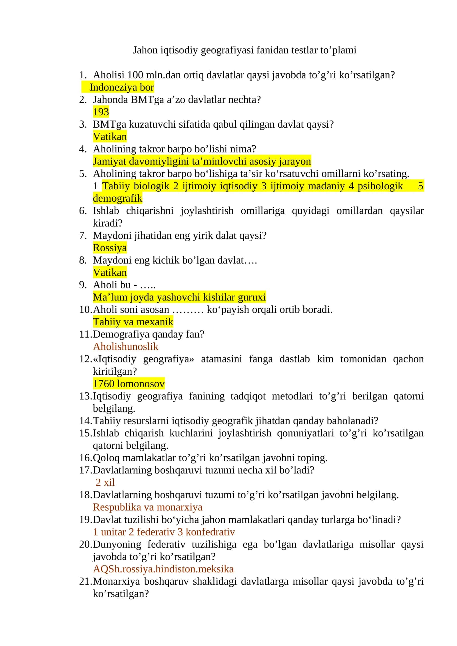 Jahon iqtisodiy geografiyasi fanidan testlar to’plami