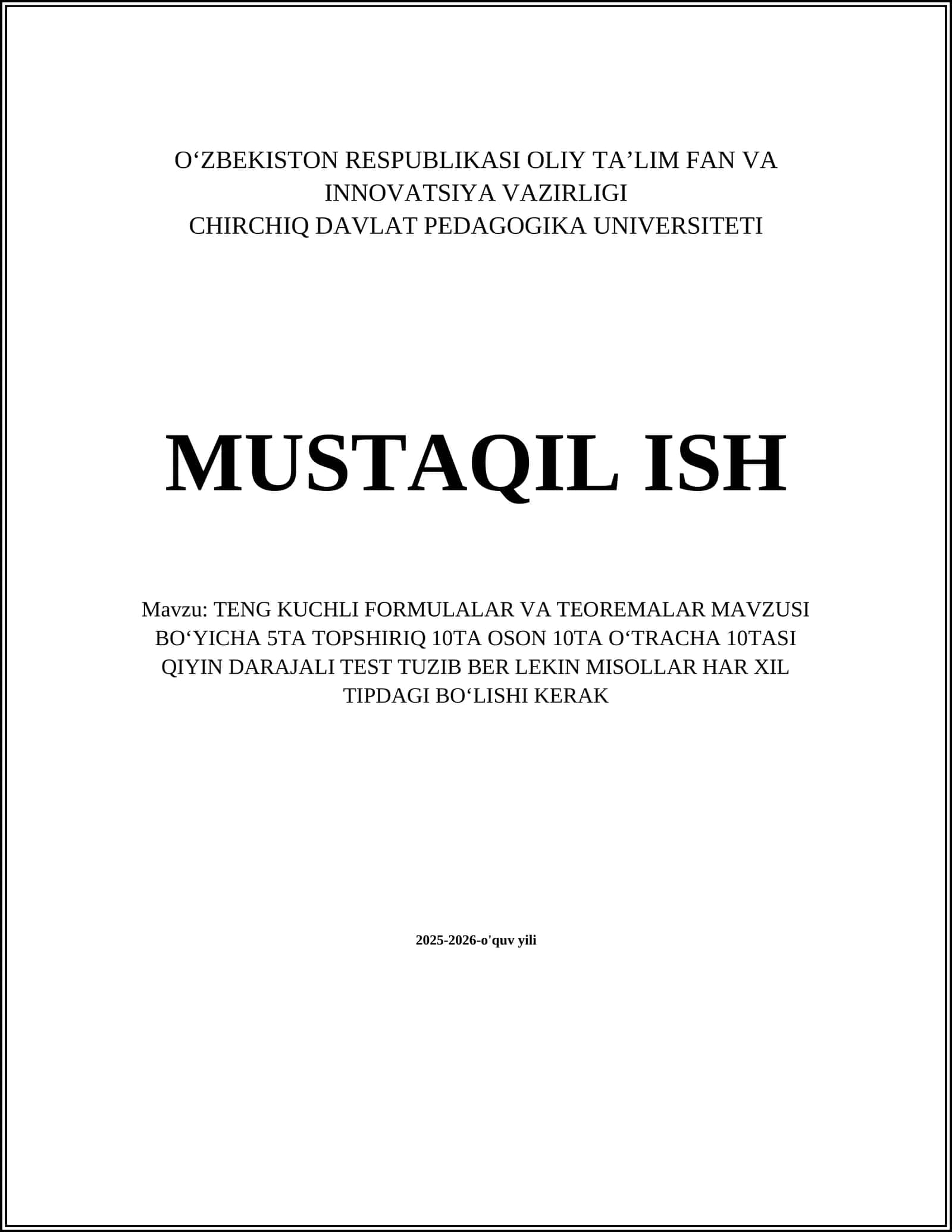 TENG KUCHLI FORMULALAR VA TEOREMALAR MAVZUSI BOʻYICHA 5TA TOPSHIRIQ