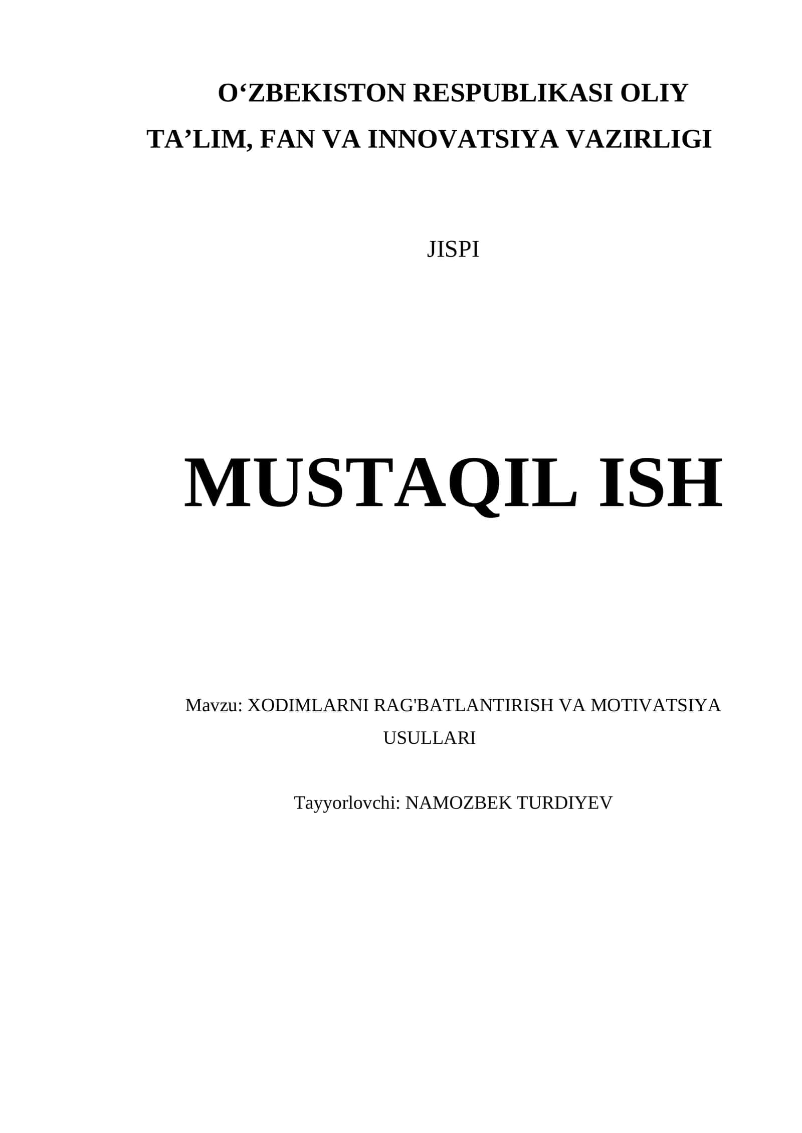 XODIMLARNI RAG'BATLANTIRISH VA MOTIVATSIYA USULLARI