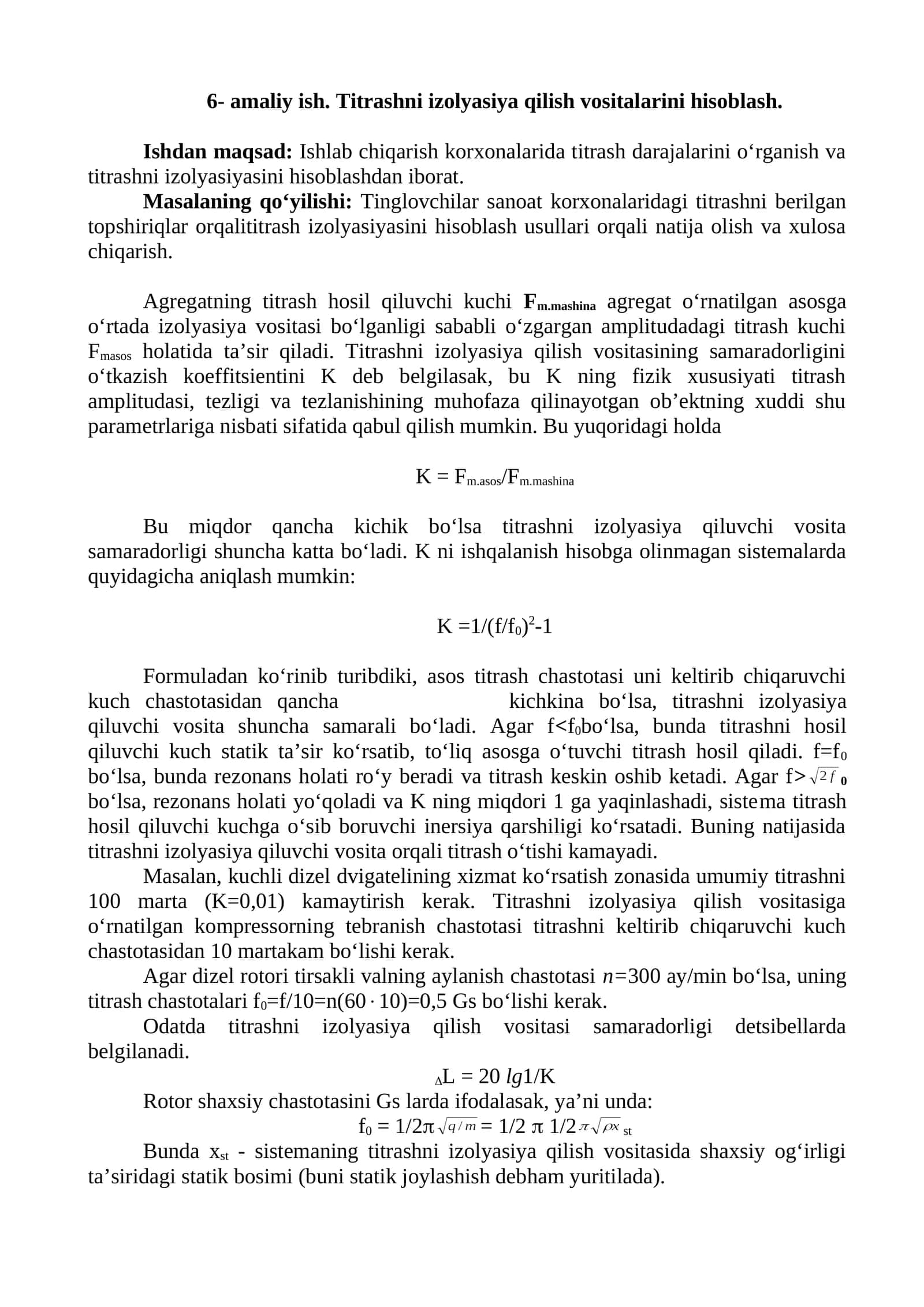 6- amaliy ish. Titrashni izolyasiya qilish vositalarini hisoblash