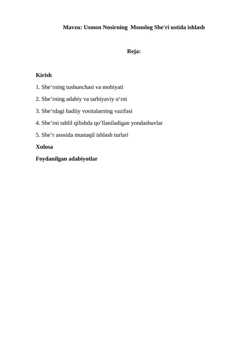 Usmon Nosirning Monolog She'ri ustida ishlash