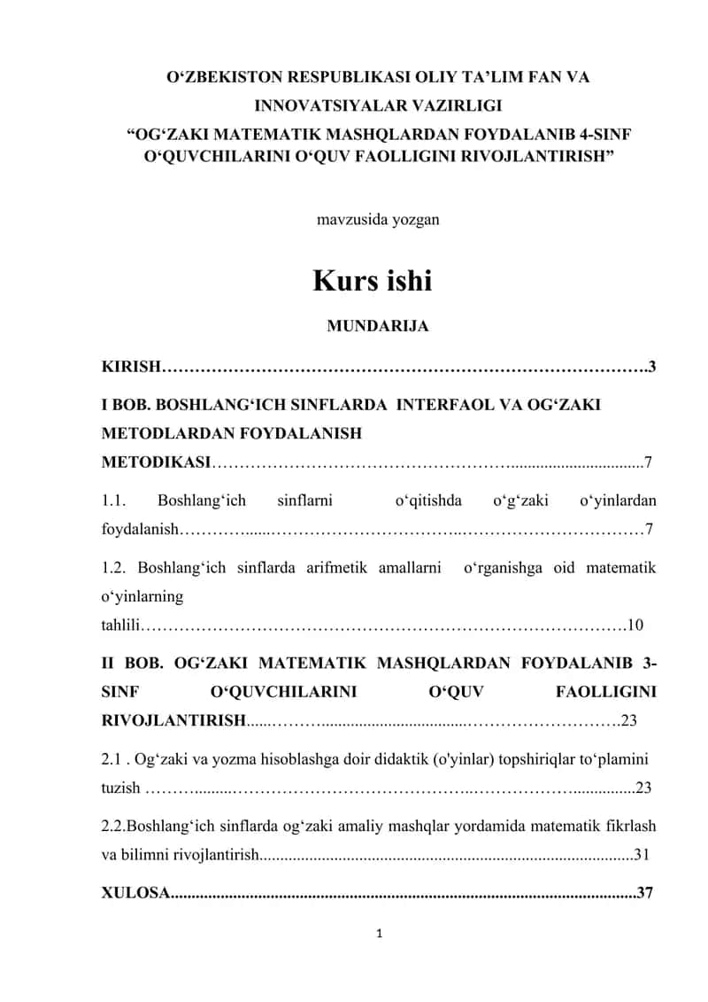 OG‘ZAKI MATEMATIK MASHQLARDAN FOYDALANIB 4-SINF O‘QUVCHILARINI O‘QUV FAOLLIGINI RIVOJLANTIRISH