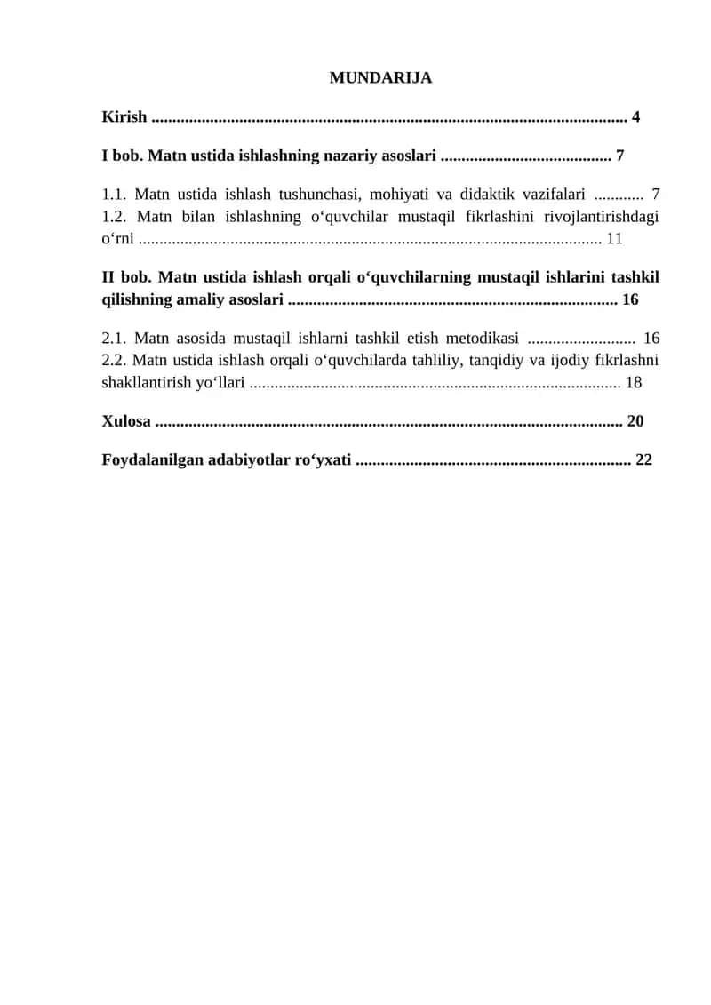 Matn ustida ishlash metodikasi