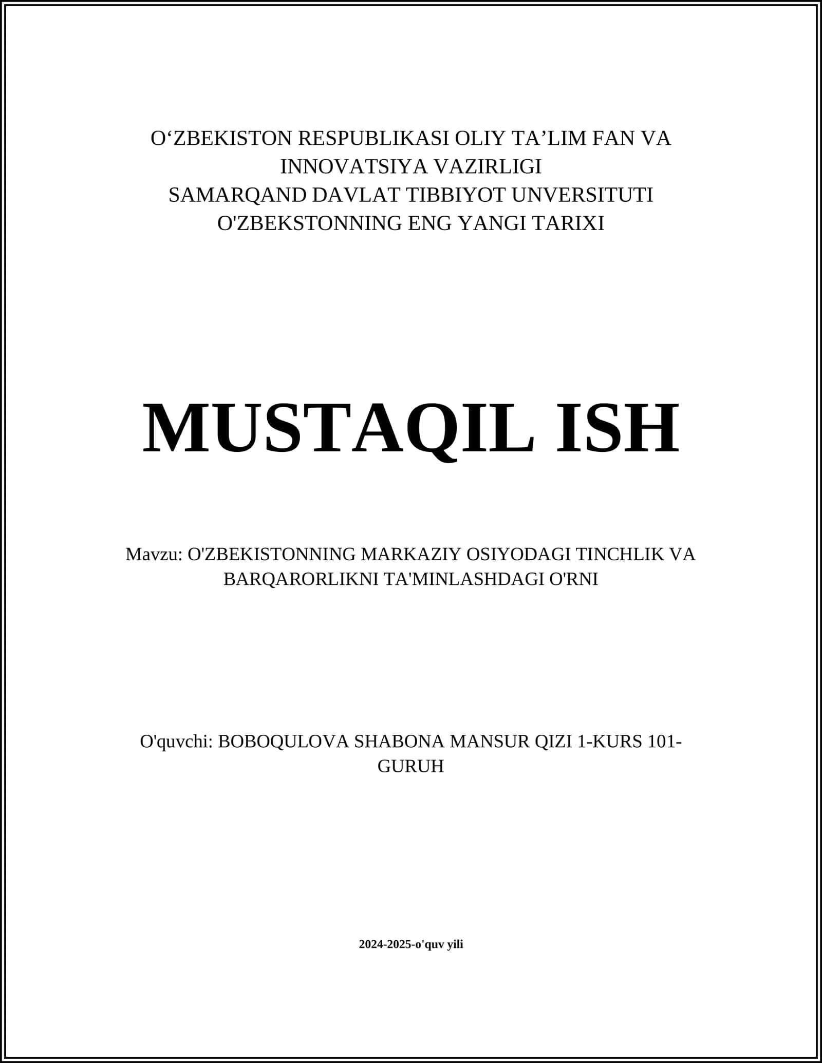 O'ZBEKISTONNING MARKAZIY OSIYODAGI TINCHLIK VA BARQARORLIKNI TA'MINLASHDAGI O'RNI