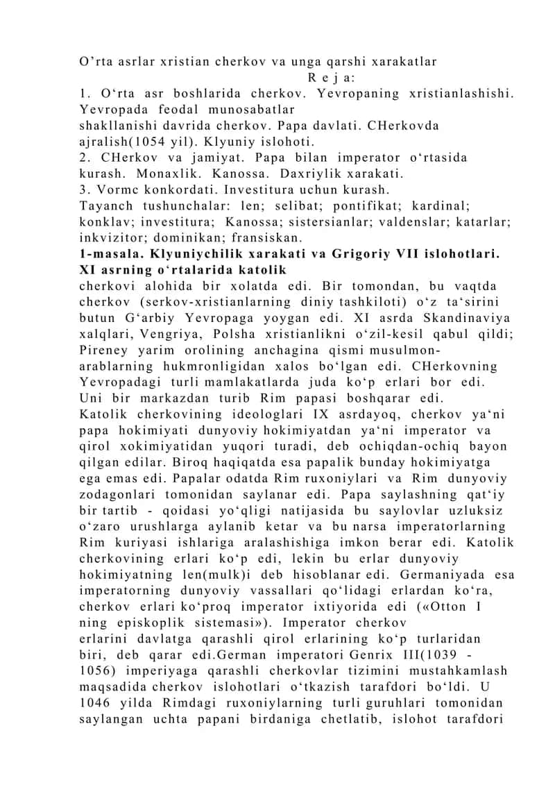 O’rta asrlar xristian cherkov va unga qarshi xarakatlar