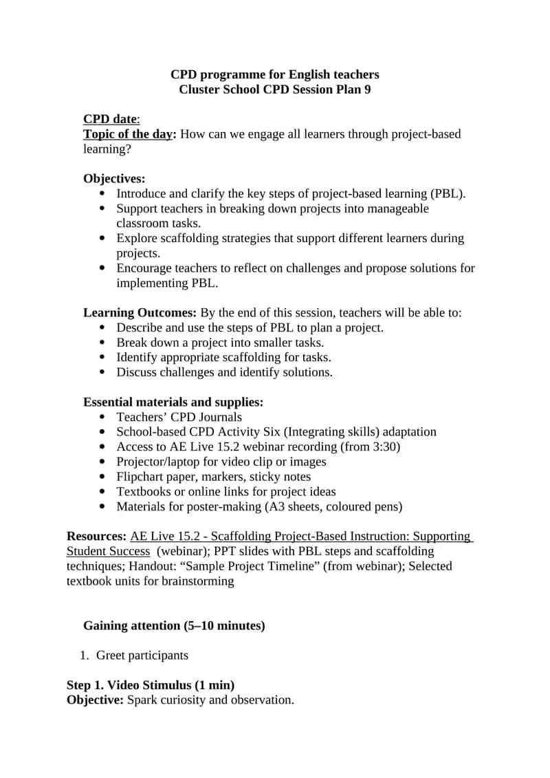 Cluster School CPD Session Plan 9