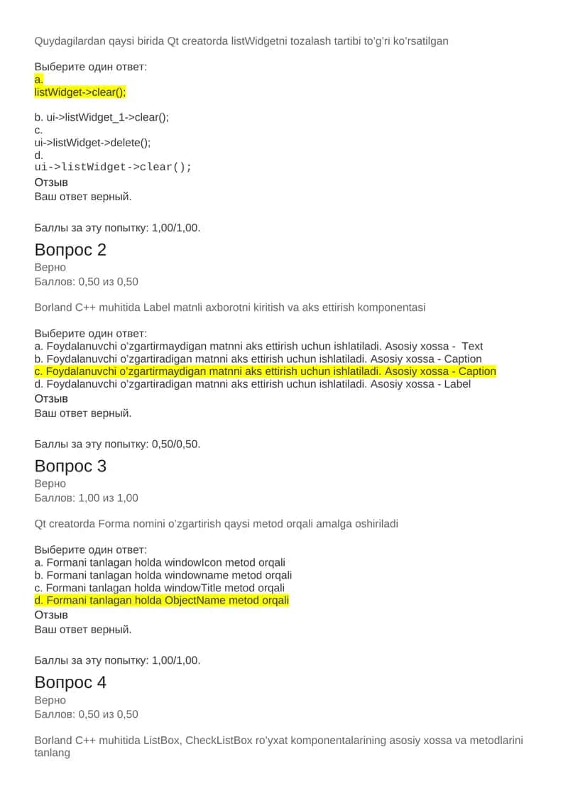 Qt creatorda listWidgetni tozalash tartibi va Borland C++ muhiti