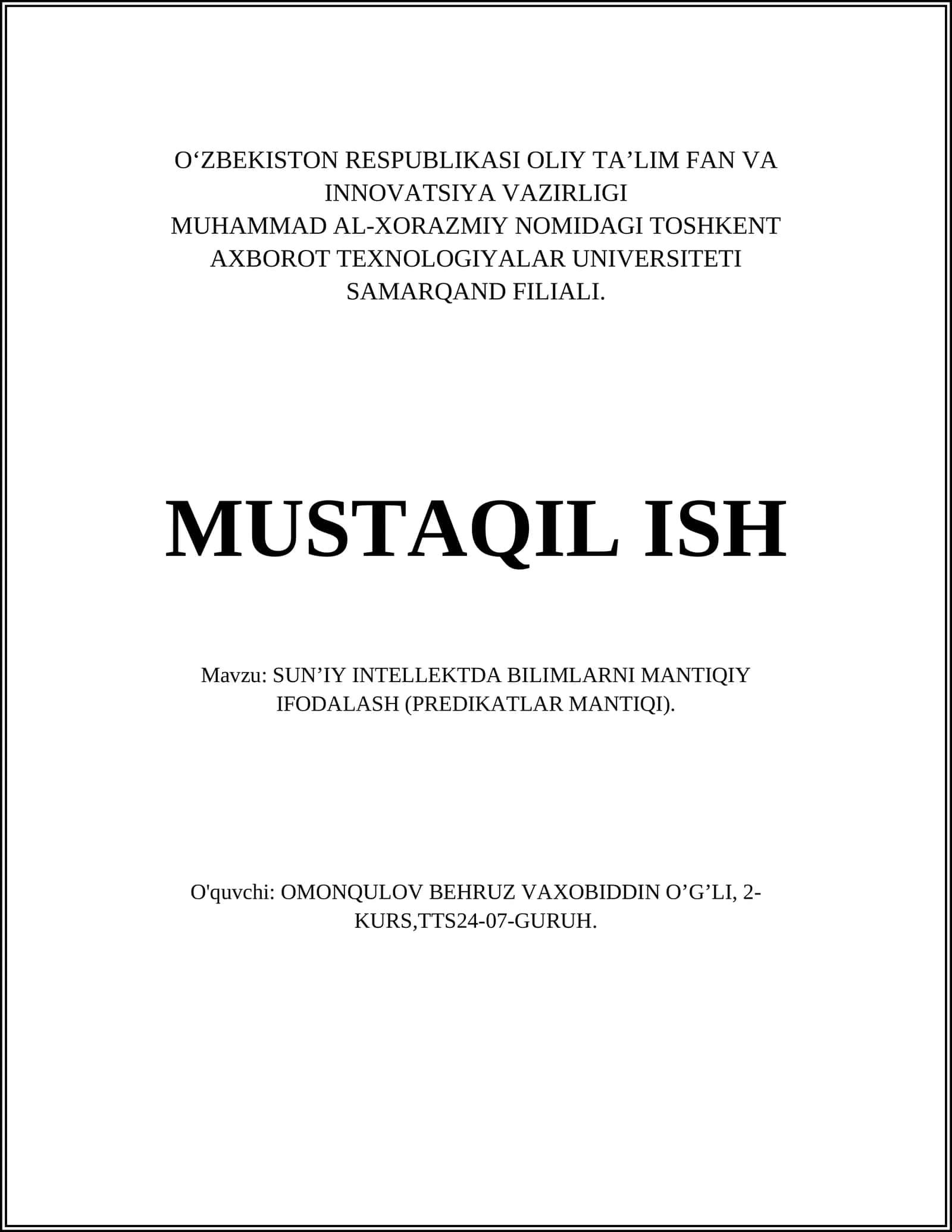 Predikatlar mantiqi: asosiy tushunchalar va sintaksis