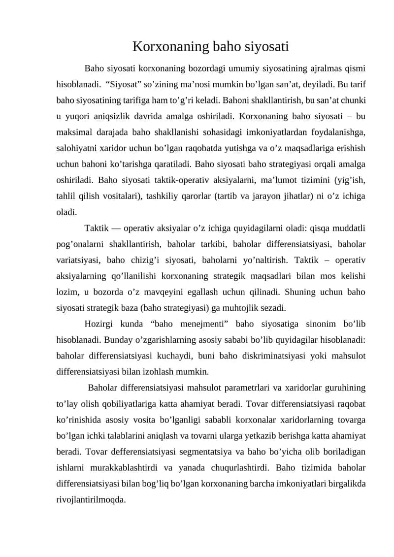 Korxonaning baho siyosati