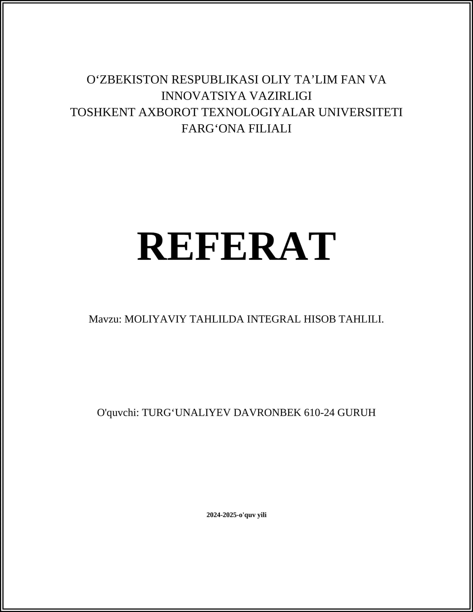 MOLIYAVIY TAHLILDA INTEGRAL HISOB TAHLILI