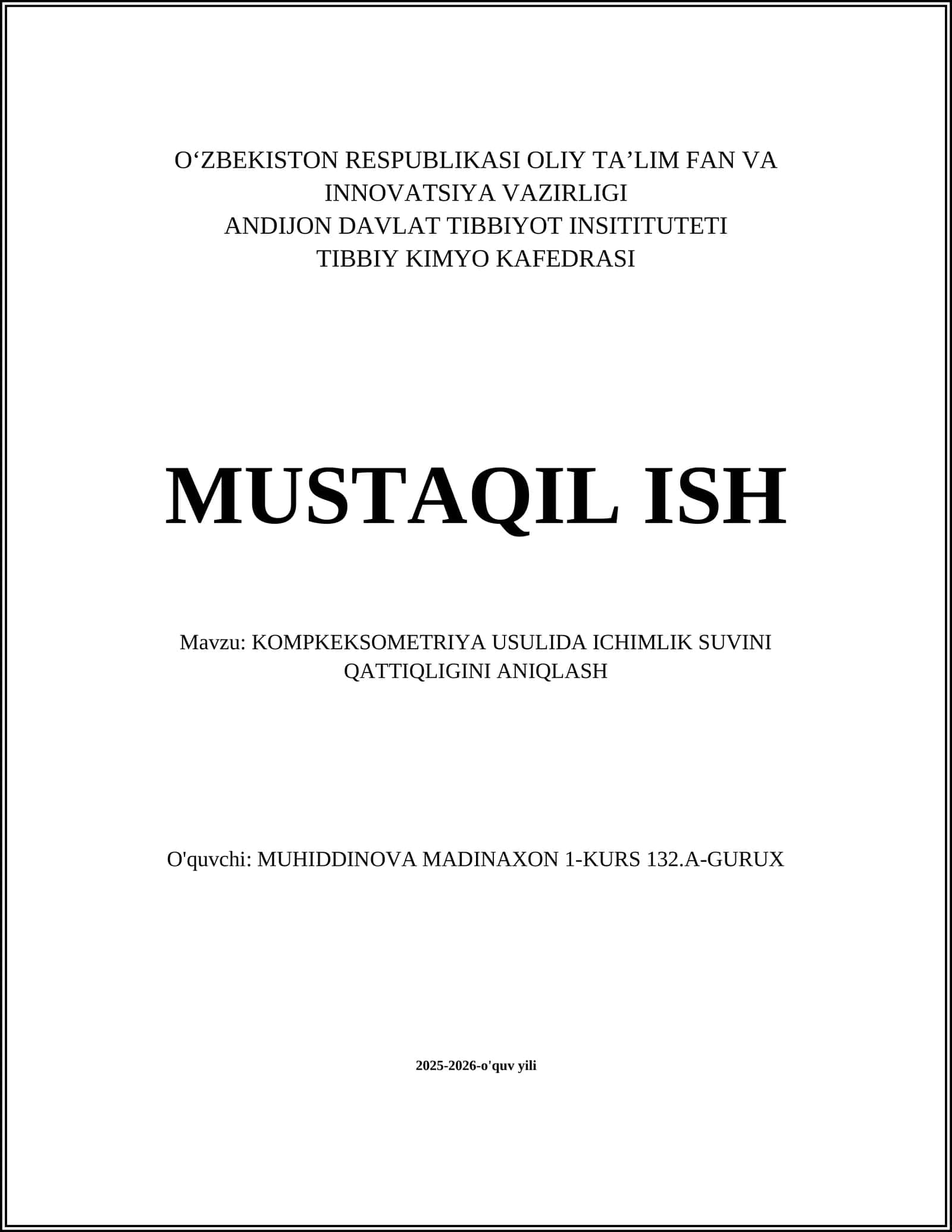 KOMPKEKSOMETRIYA USULIDA ICHIMLIK SUVINI QATTIQLIGINI ANIQLASH