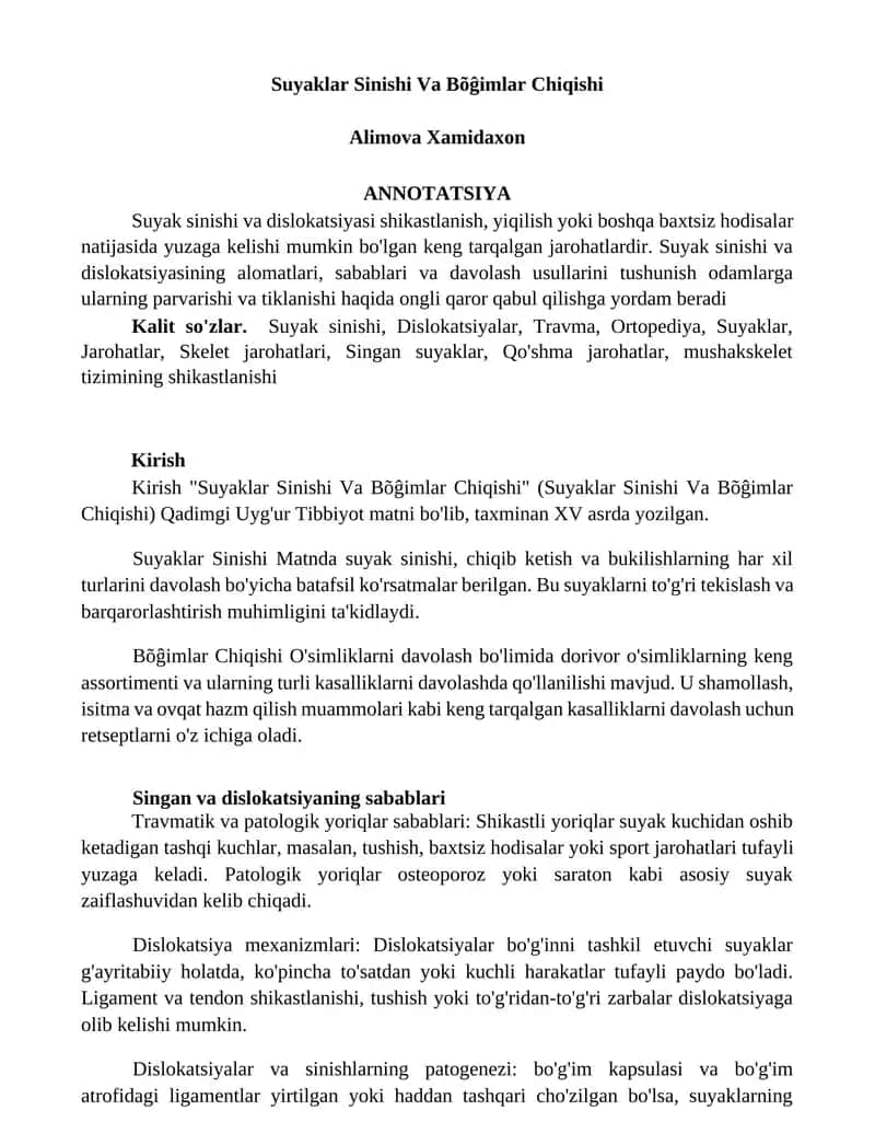 Suyaklar Sinishi Va Bõĝimlar Chiqishi