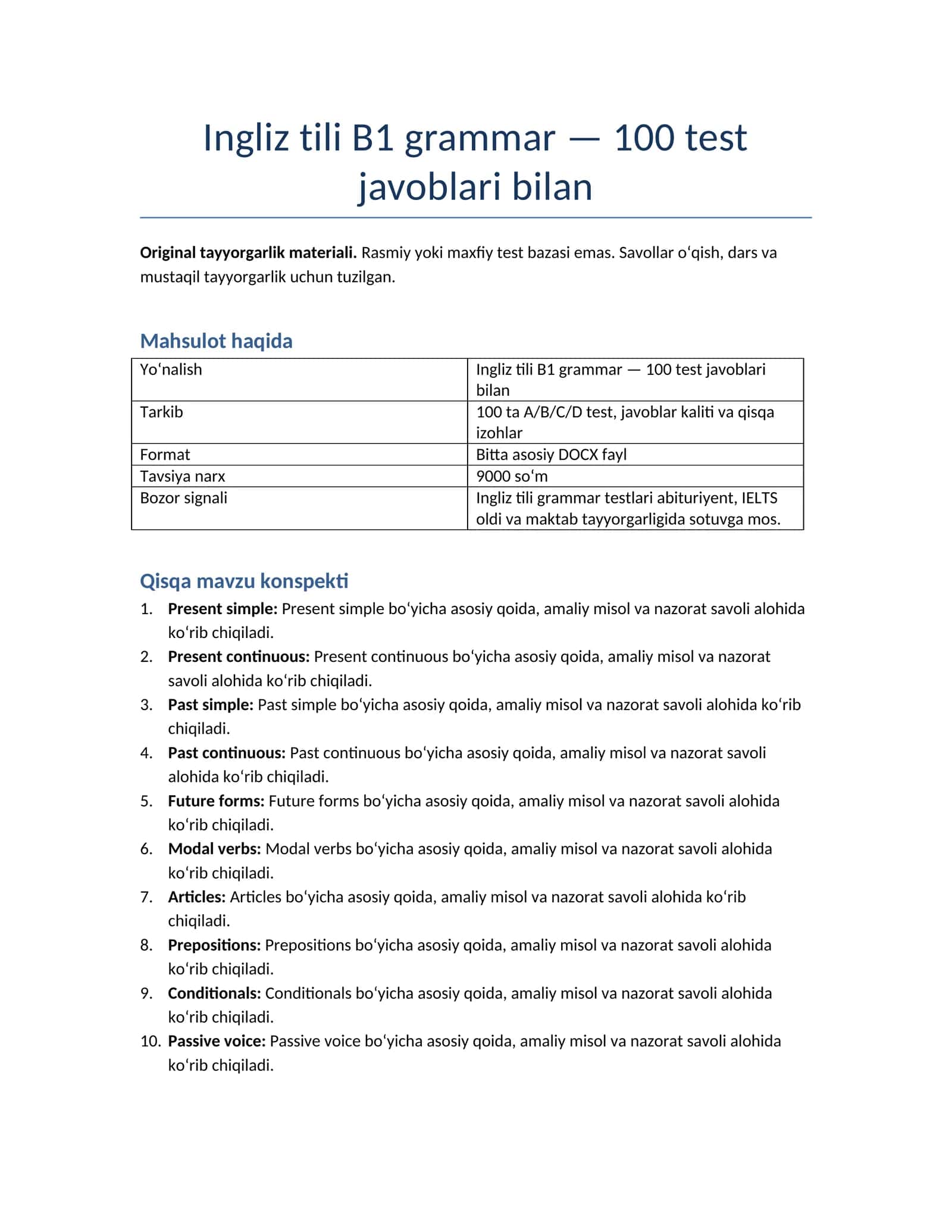 Ingliz tili B1 grammar — 100 test javoblari bilan