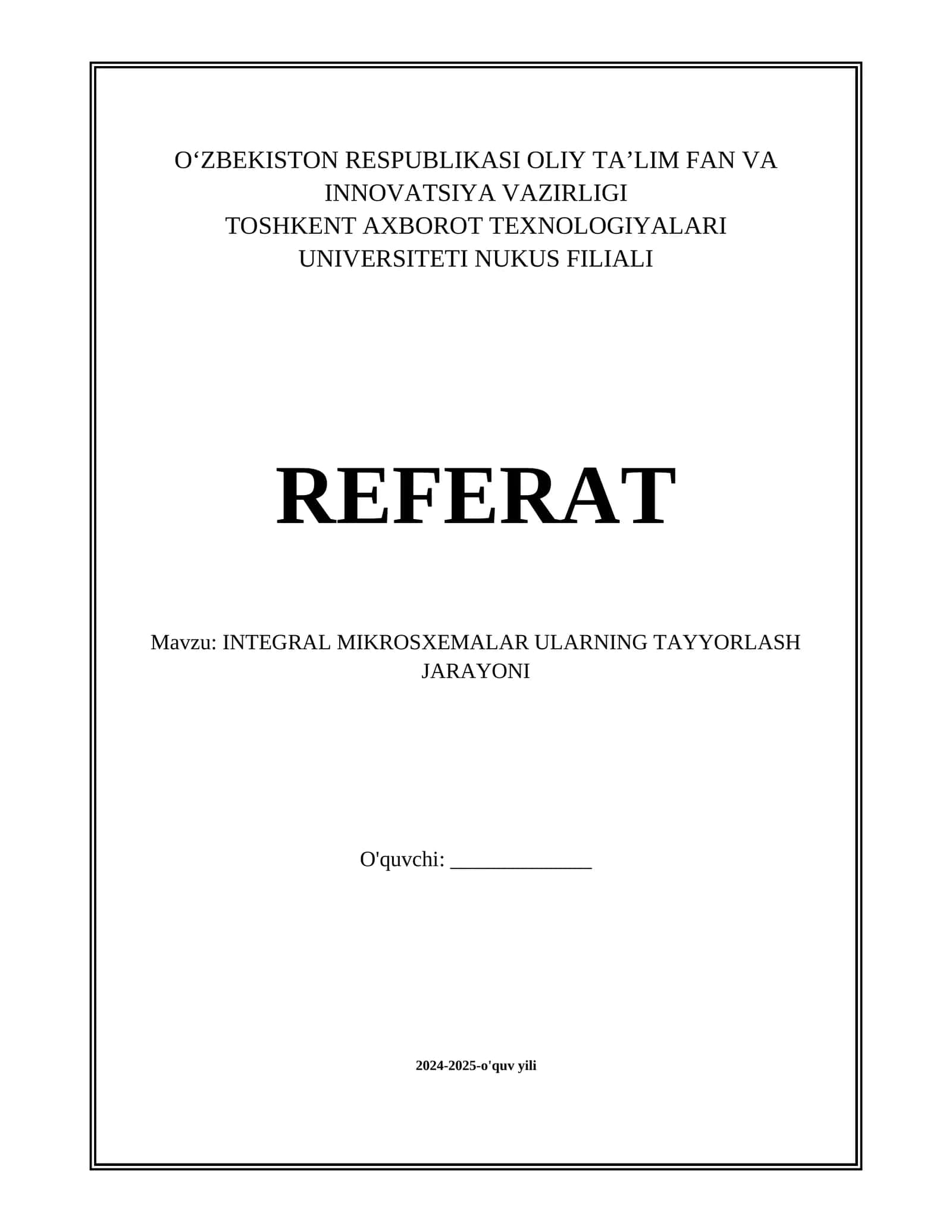 INTEGRAL MIKROSXEMALAR ULARNING TAYYORLASH JARAYONI