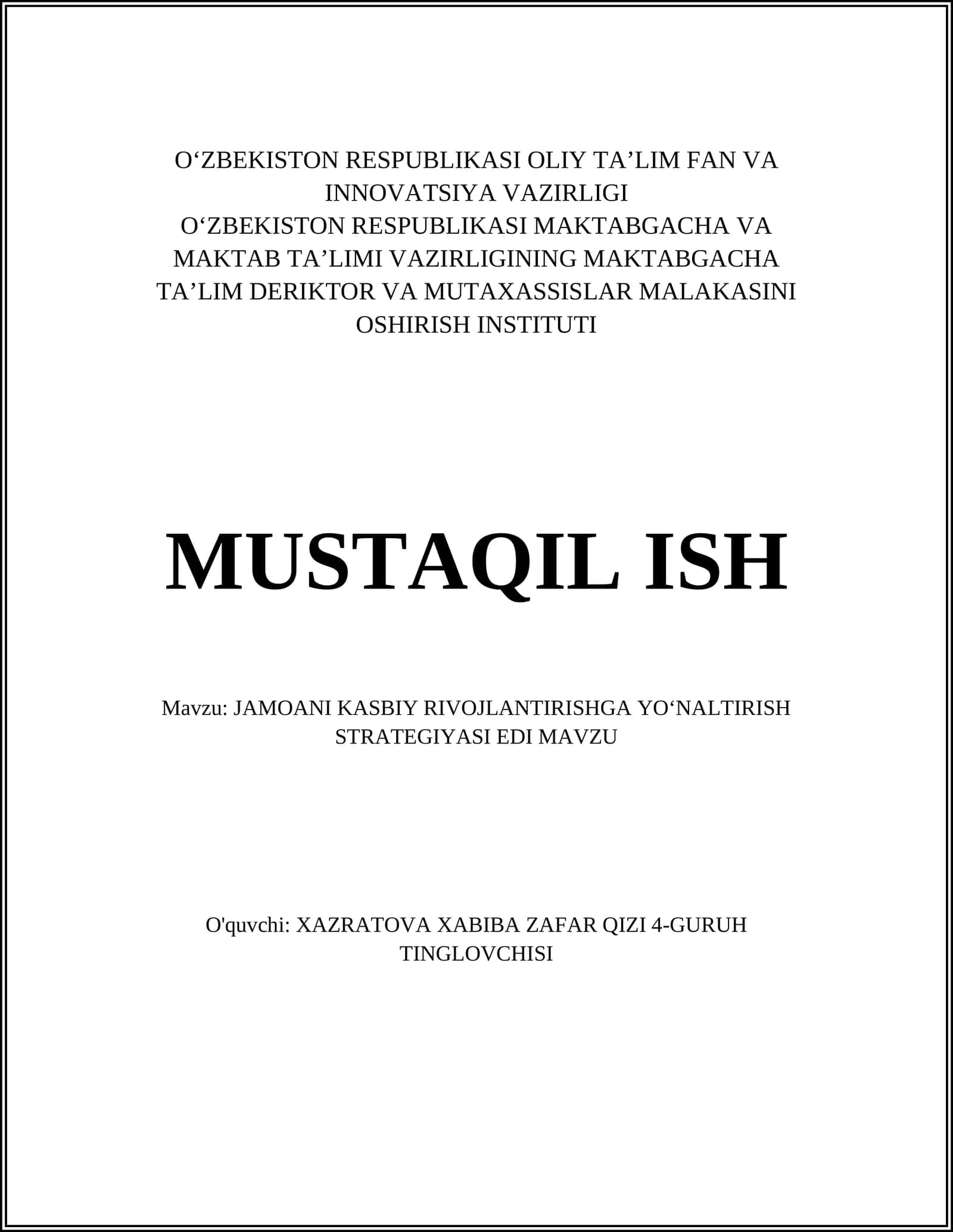 JAMOANI KASBIY RIVOJLANTIRISHGA YOʻNALTIRISH STRATEGIYASI