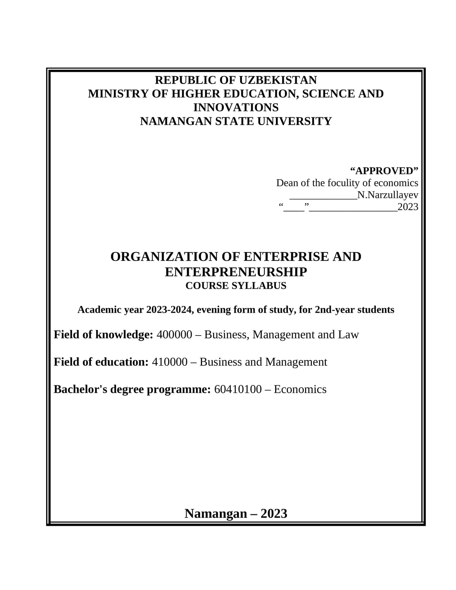 Organization of Enterprise and Entrepreneurship 1, 2