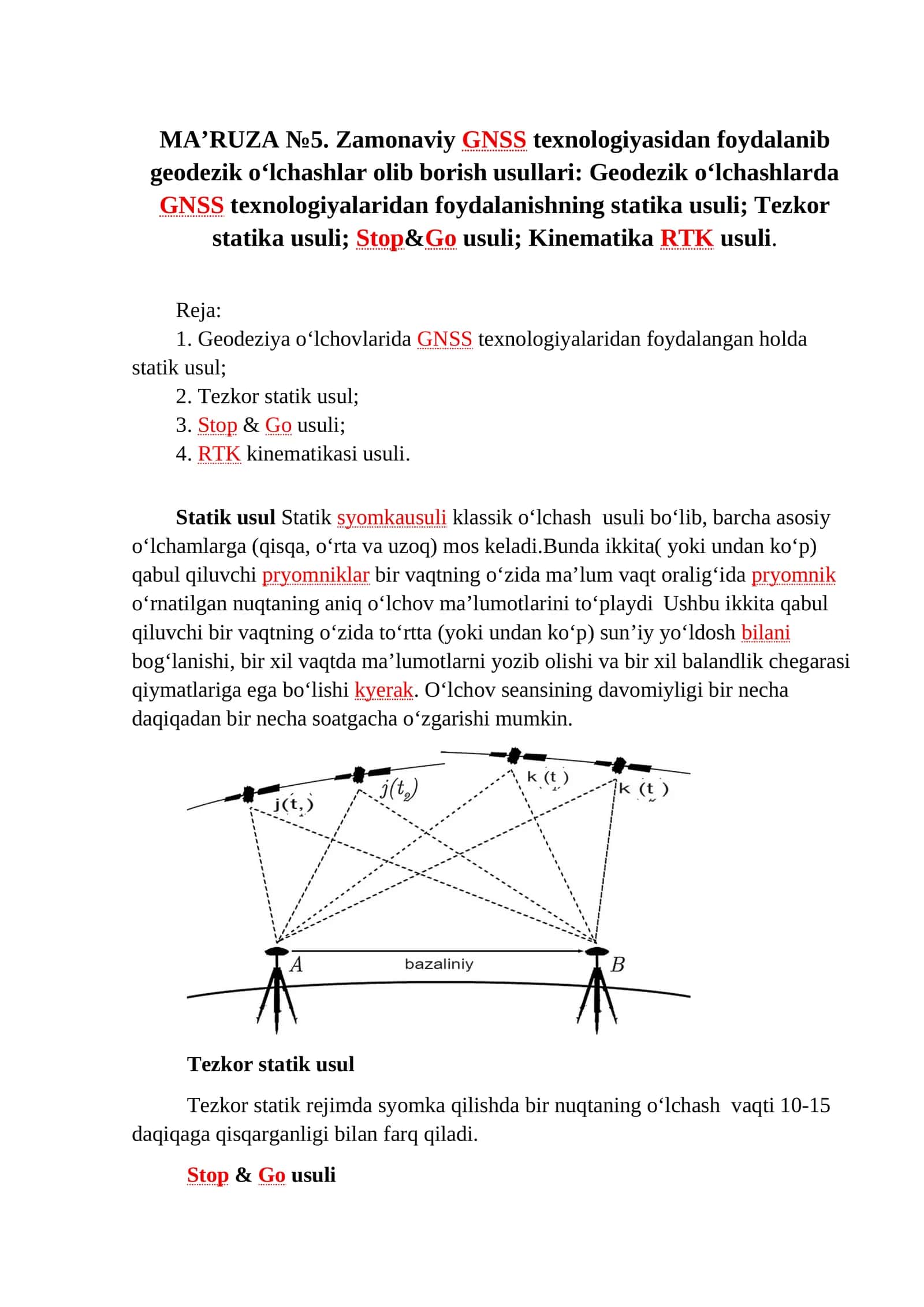 Zamonaviy GNSS texnologiyasidan foydalanib geodezik oʻlchashlar olib borish usullari