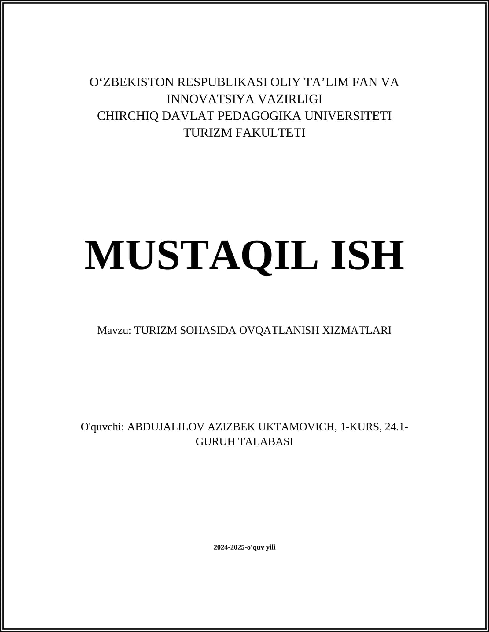 TURIZM SOHASIDA OVQATLANISH XIZMATLARI