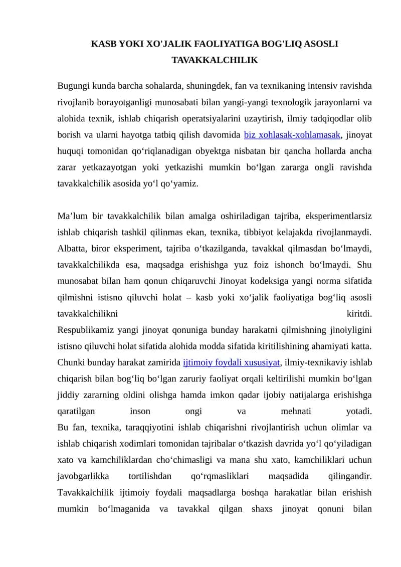 KASB YOKI XO'JALIK FAOLIYATIGA BOG'LIQ ASOSLI TAVAKKALCHILIK