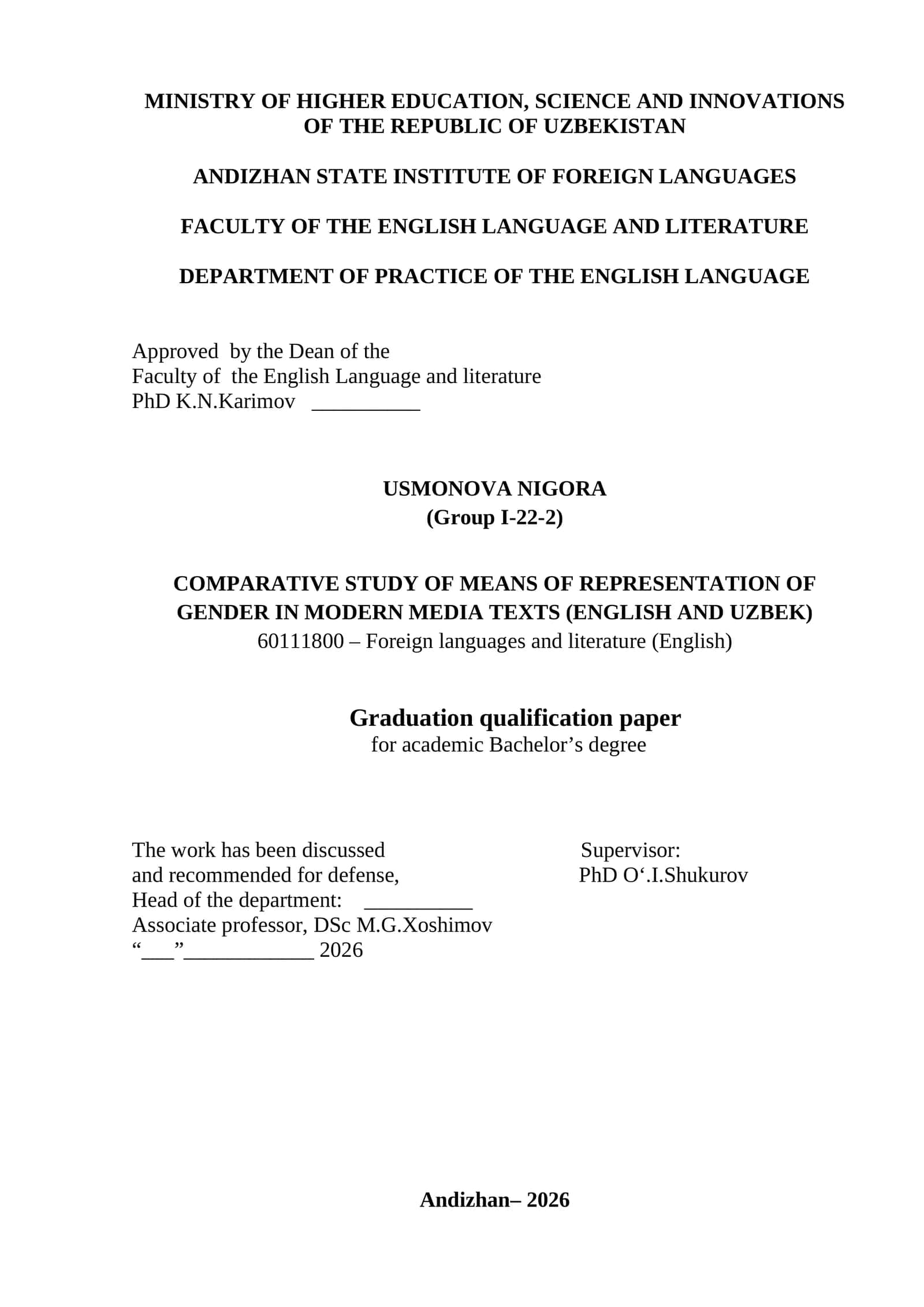 COMPARATIVE STUDY OF MEANS OF REPRESENTATION OF GENDER IN MODERN MEDIA TEXTS (ENGLISH AND UZBEK)