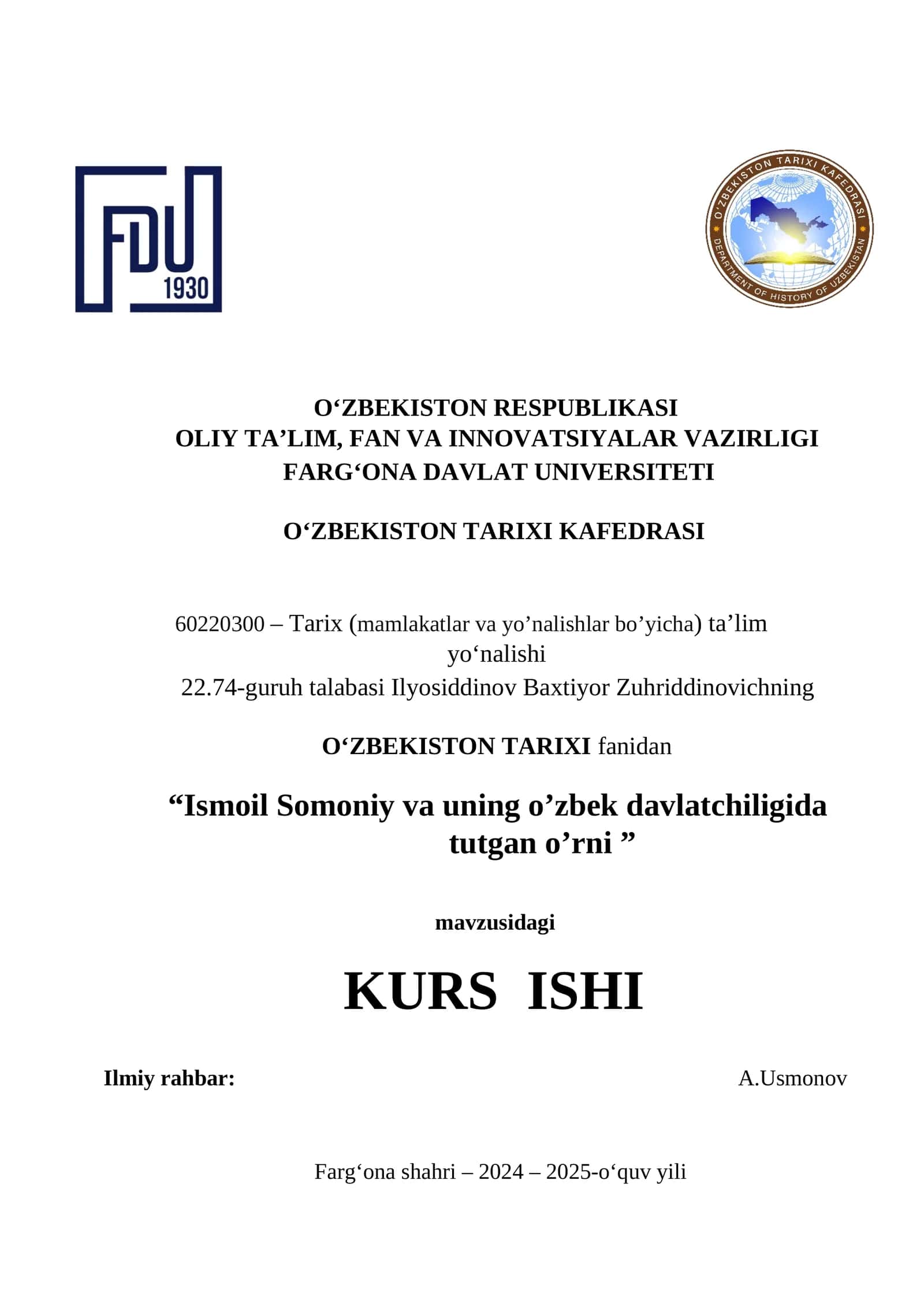 Ismoil Somoniy va uning o’zbek davlatchiligida tutgan o’rni