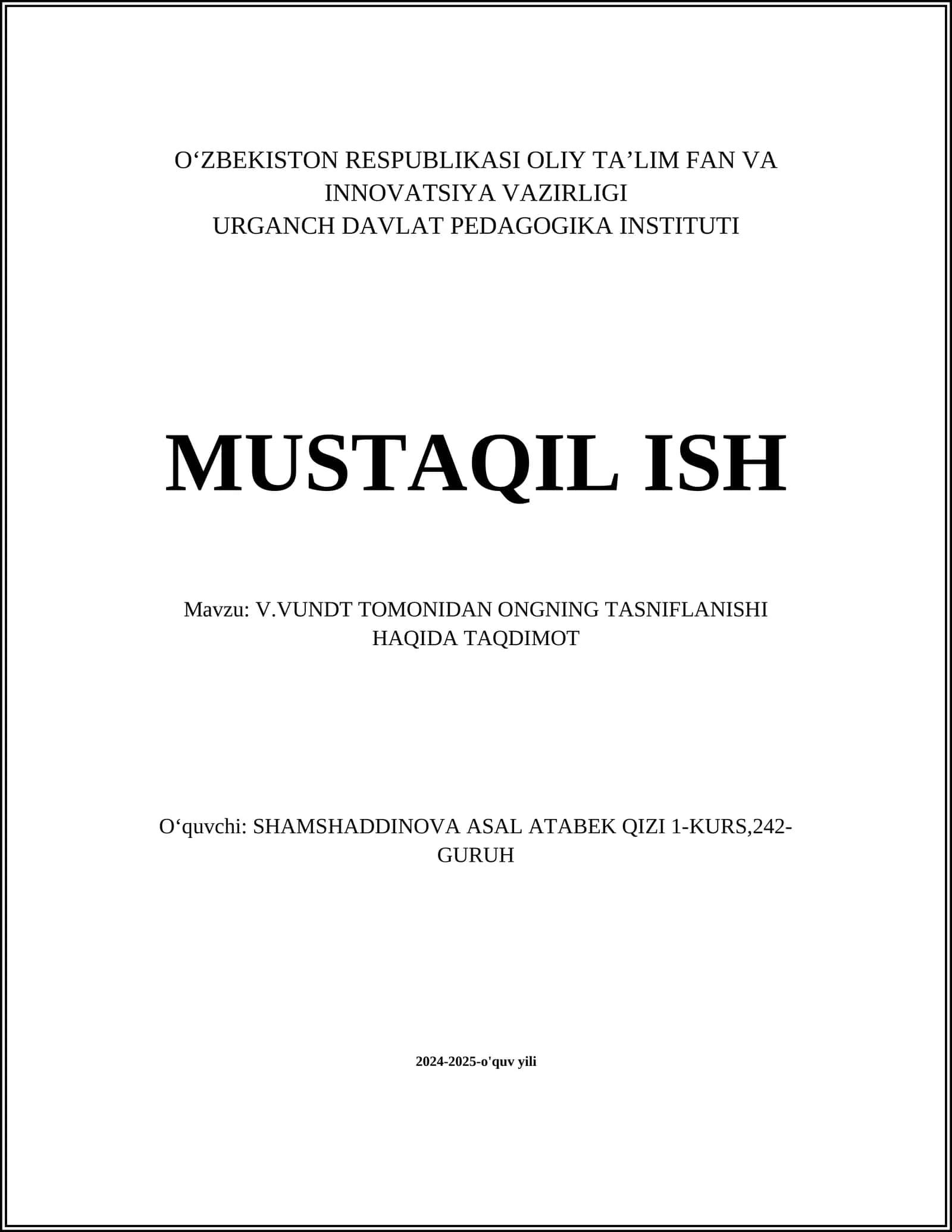 V.VUNDT TOMONIDAN ONGNING TASNIFLANISHI HAQIDA TAQDIMOT
