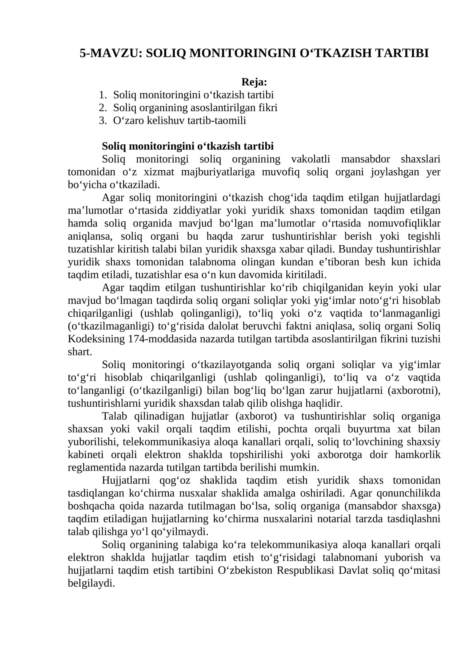 SOLIQ MONITORINGINI O‘TKAZISH TARTIBI