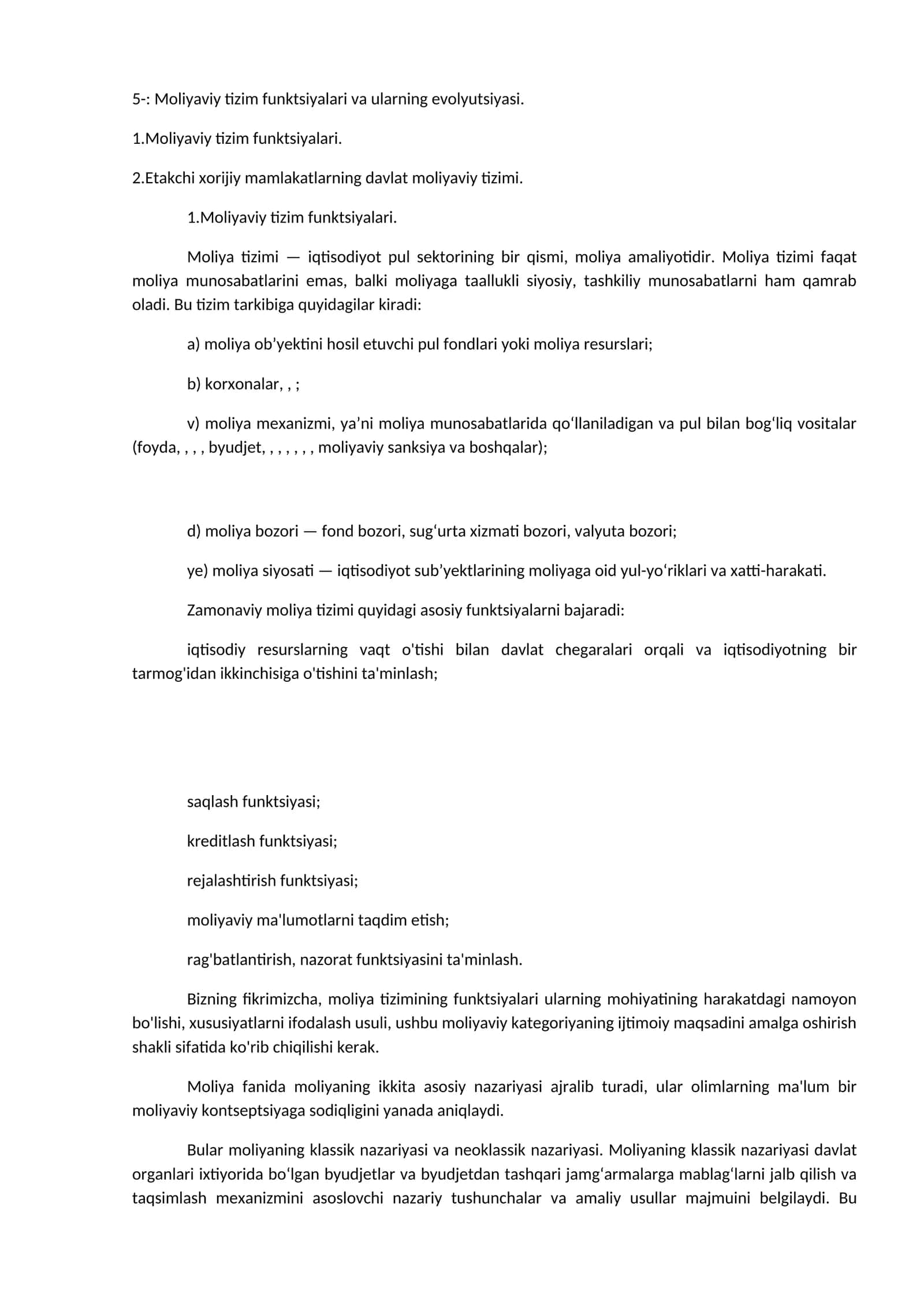 Moliyaviy tizim funktsiyalari va ularning evolyutsiyasi