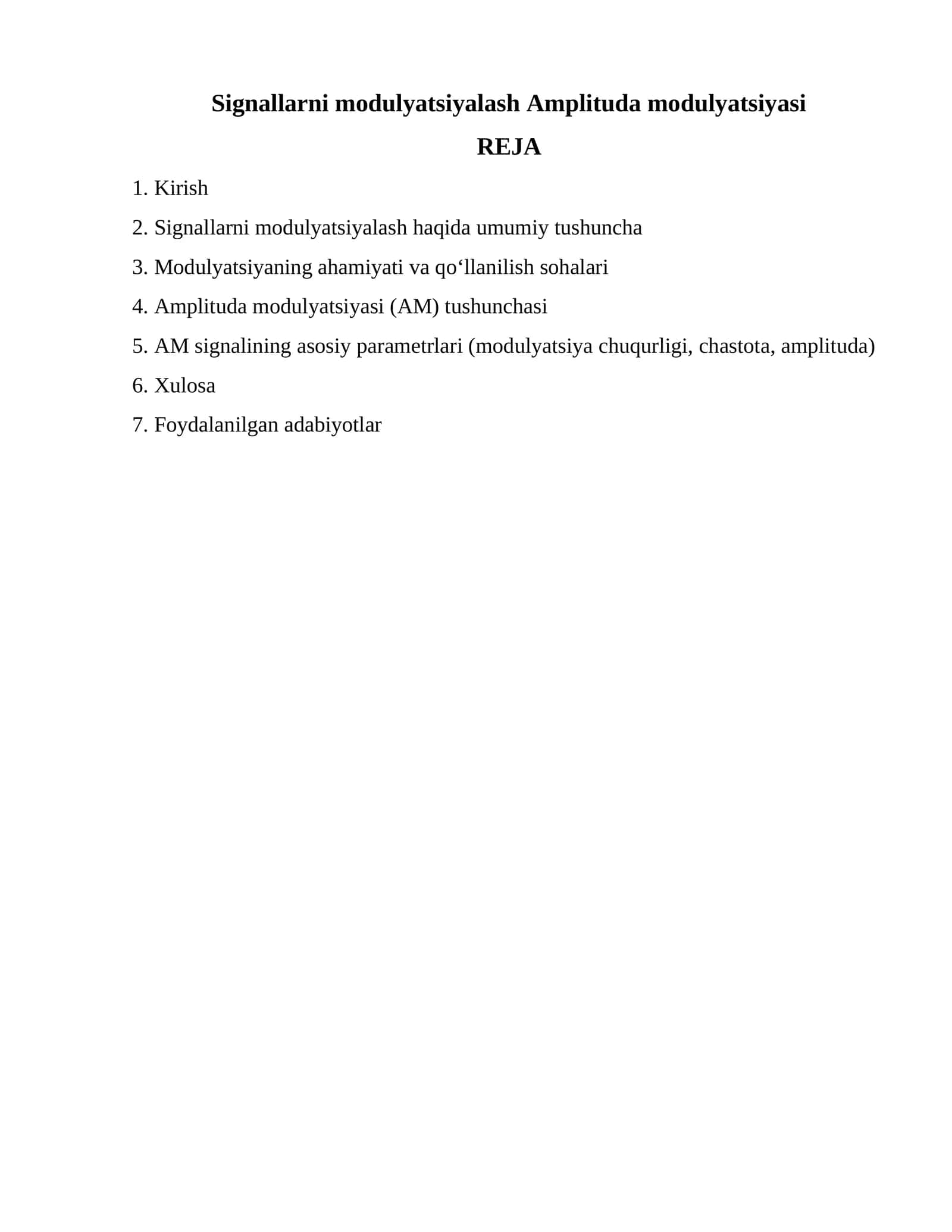 Signallarni modulyatsiyalash Amplituda modulyatsiyasi