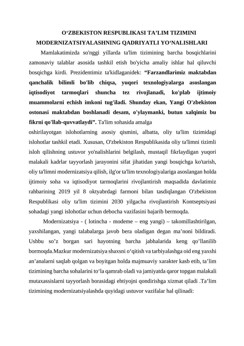 O'zbekiston Respublikasi Ta'lim Tizimini Modernizatsiyalash